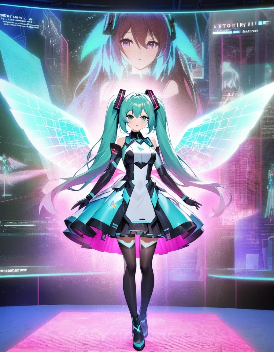 Hatsune Miku wears costume with wings and stars, hatsune ，huge hologram, futuristic fashion show, hatsune future cosplay, Ethereal Holographic Center, neon wings, Founding Angel, Transparent holographic existence, projection mapping, Team Lab, Holographic projection, Holograms hover around her, Ghost in the Shell Geisha Robot