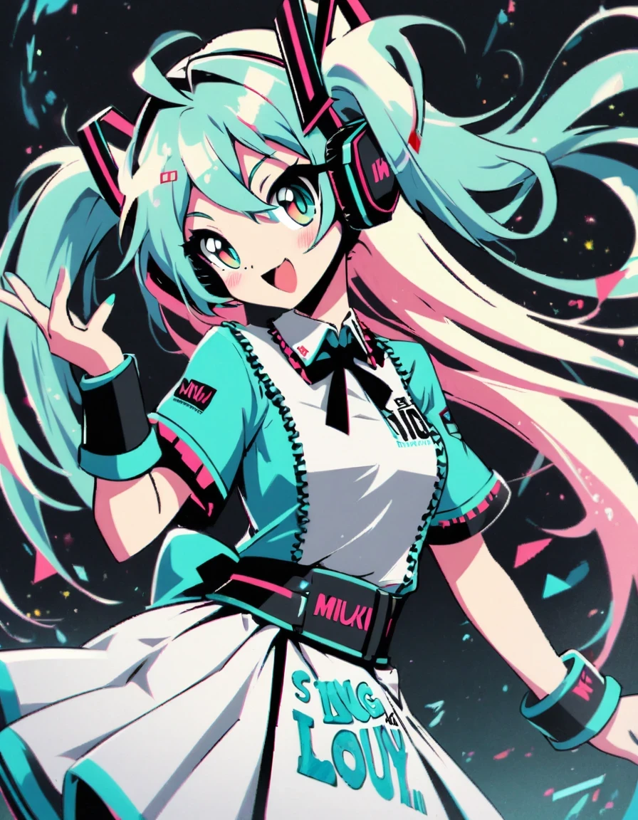 Illustrator Dino art style ，Hatsune Miku，Sing loudly，clear beautiful big eyes