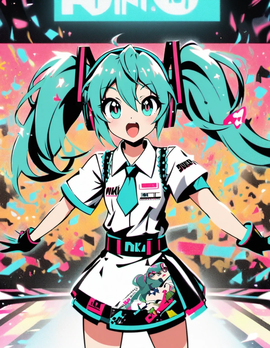 Illustrator Dino art style ，Hatsune Miku，Sing loudly，clear beautiful big eyes