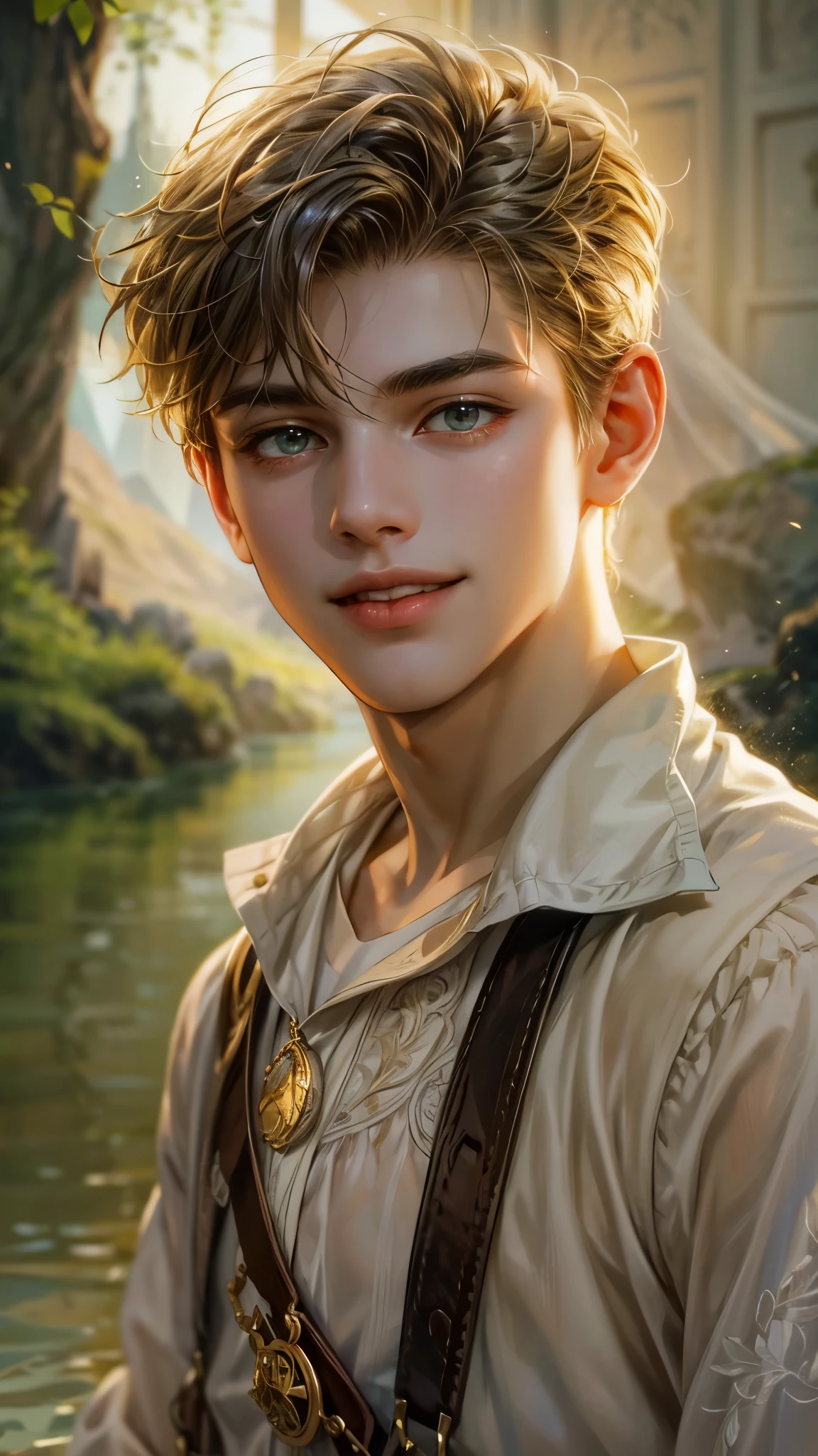 Portrait of the highest quality - 1 boy., , teenage, character from chronicles of Narnia, short hair, with golden eyes, big eyes, lake, Solo-focal facial treatment for teenagers, shirtless , Beautiful, smiling, dynamic pose, detailed and correct facial structure, perfect face, extremely detailed, Dynamic angle, cowboy shot, The Most Beautiful Shape, elegant, Bright colors, romanticism, atmospheric. Bright, contrasting colors ! photo portrait of a handsome boy in the highest quality