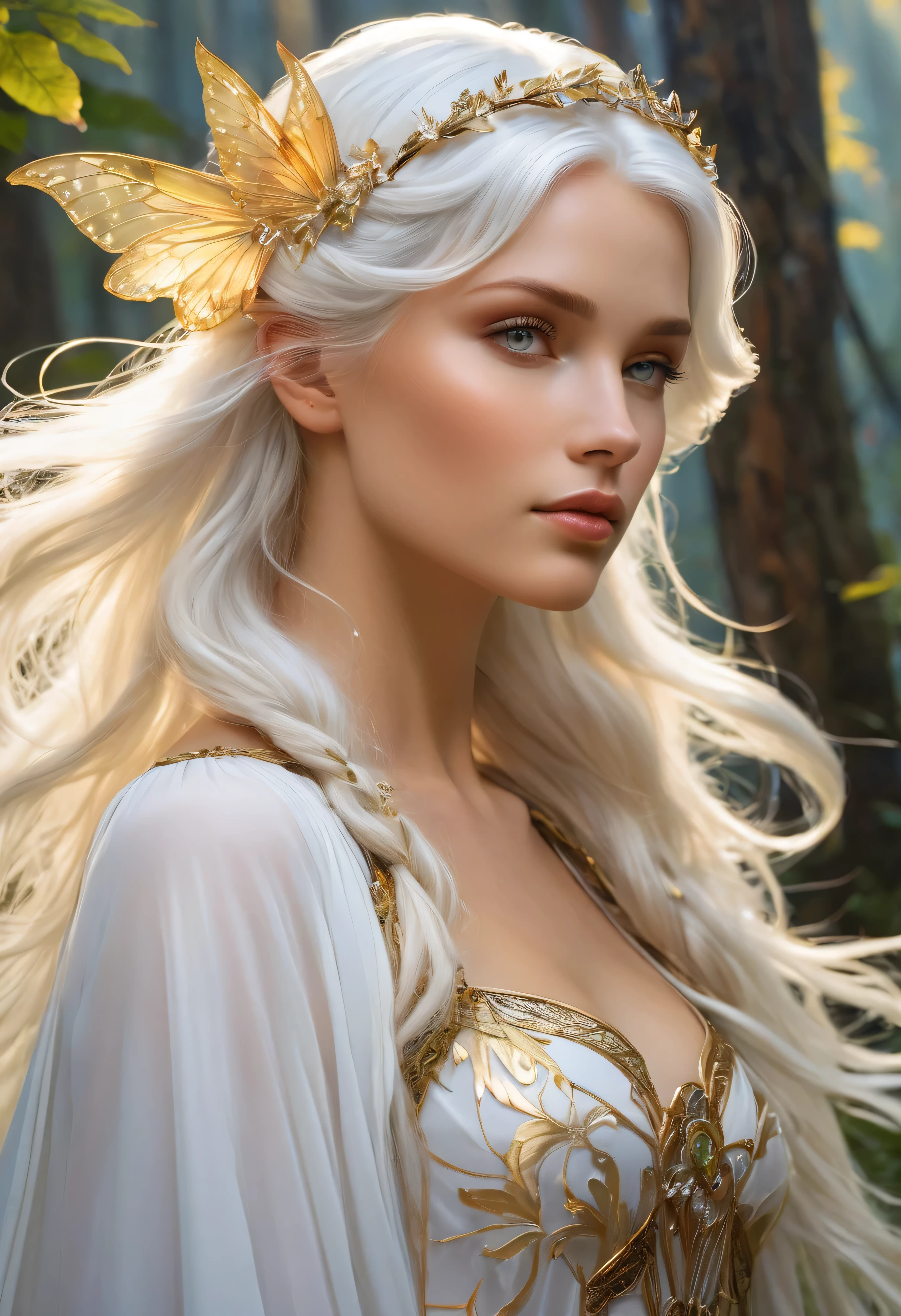 Elfenjungfrau:white virgin:edel inocent: Mori-Leute: elfen-kleidung: Mit goldigenfaden bestickte Kleidung auf magische jungel Hintergrund:detailliert:, White skin:transparent eterisch, ((Absorption of whole body)), nice profile:Nordic beauty:Scheint nett zu sein: sehr jung, white hair:shiny and smooth, starker Bogen, Yazuki, Waldhintergrund, magischer Wald, portrait, painted with oil paint, Fantasie, herr der Ringe Waldhintergrund, dynamische Komposition, Feel the wind, , normale Ohren, mistische elfen style, Von der Seite, von Alfons Mucha, filmische Beleuchtung, UHD, Super Detail, 8k, Anatomisch korrekt, strukturierte Haut, hohe Details