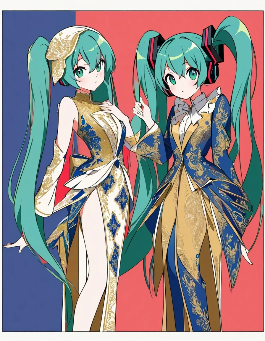  Fashionable Hatsune Miku with exaggerated poses，Royal Sister Clothing Sapphire Blue and Gold Fabric, Contrasting green hair, minimalist art, Pure Klein red background, line art, Yayoi Kusama, Suprematist style 