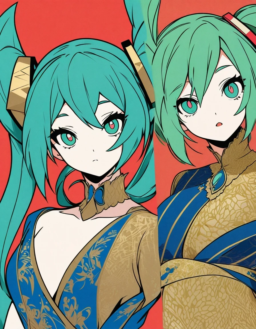  Fashionable Hatsune Miku with exaggerated poses，Royal Sister Clothing Sapphire Blue and Gold Fabric, Contrasting green hair, minimalist art, Pure Klein red background, line art, Yayoi Kusama, Suprematist style 