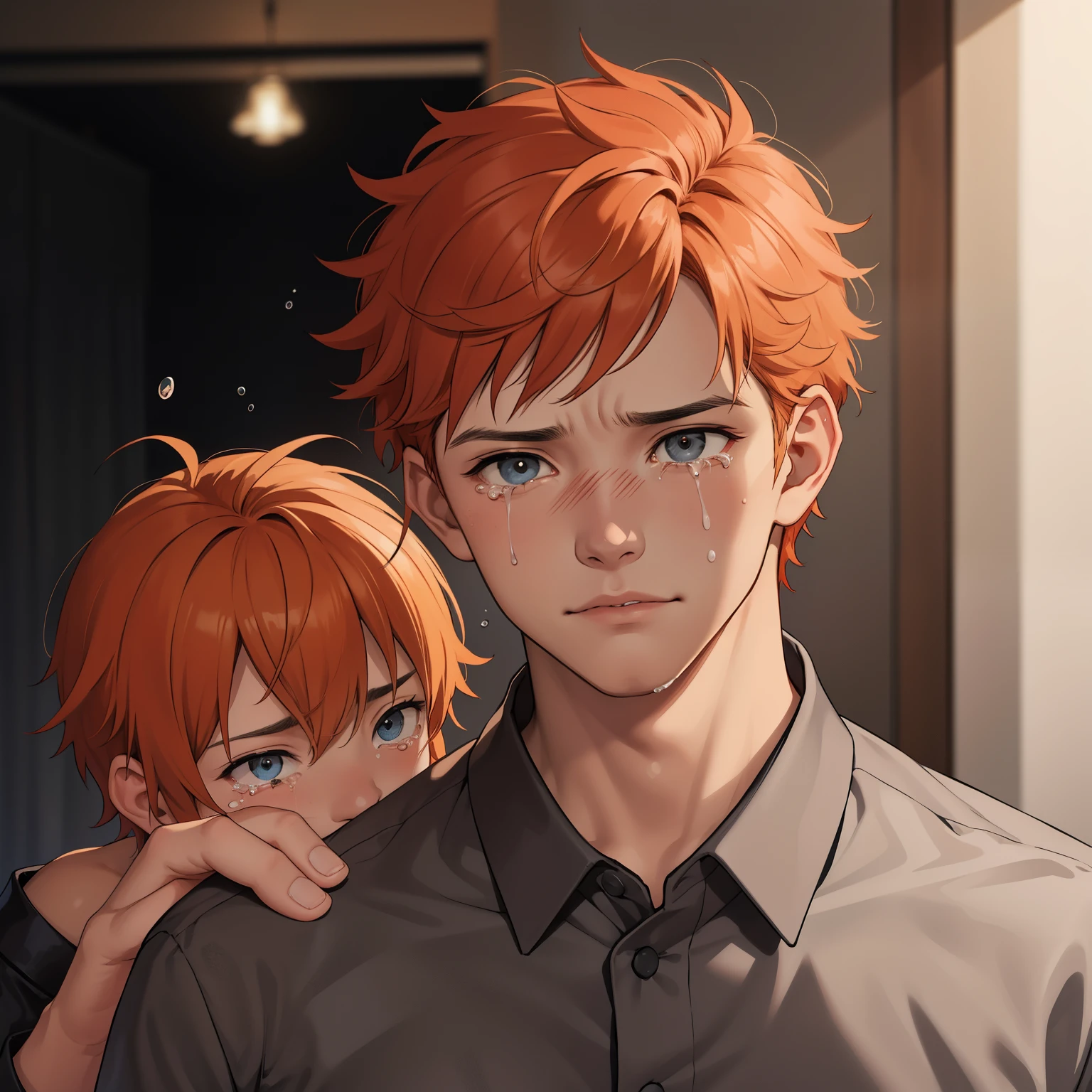 boy with orange hair., tears on her face, vestida de negro, llorando de tristeza porque su amigo ha muerto