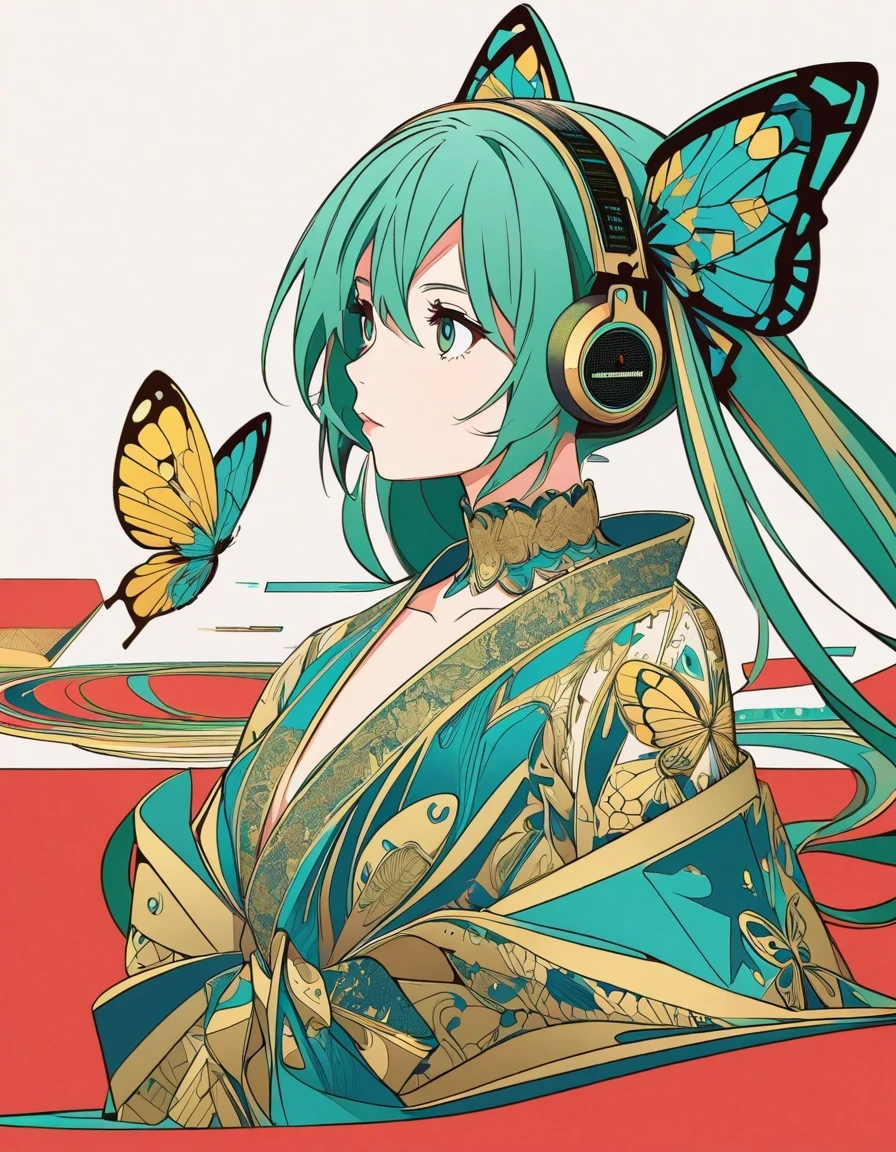  Fashionable Hatsune Miku butterfly with exaggerated poses, Sapphire-blue and gold fabric, Contrasting green hair, minimalist art, Pure Klein red background, line art, Yayoi Kusama, Suprematist style 