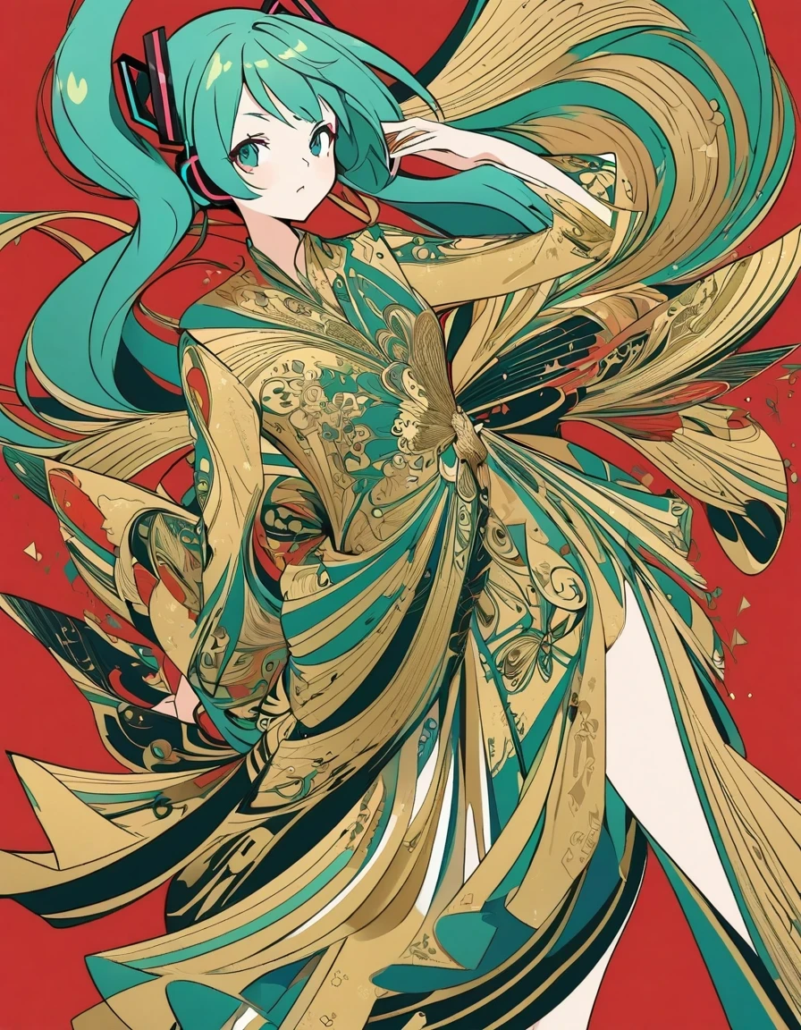  Fashionable Hatsune Miku butterfly with exaggerated poses, Sapphire-blue and gold fabric, Contrasting green hair, minimalist art, Pure Klein red background, line art, Yayoi Kusama, Suprematist style 