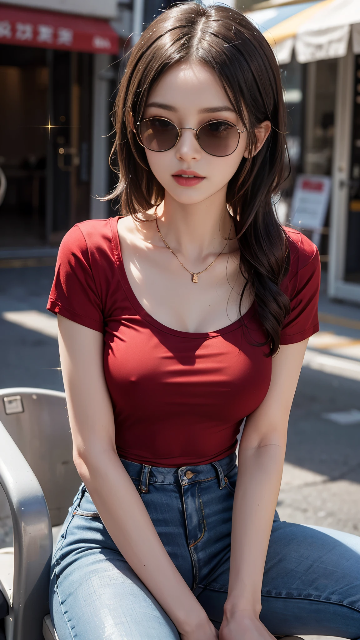 (best quality:1.2,4k ultra hd:1.2), a girl, beautiful face, full and glossy lips, long flowing hair, perfectly straightened, small breasts, (gradient red t-shirt:1.5), (black straps t-shirt:1.4), bare arms, black jeans, complete with a cap, (sparkling sunglasses:1.5), capturing her character and charm, with a blurred background enhancing the relaxed atmosphere, showcasing her confidence and elegance, sitting,
