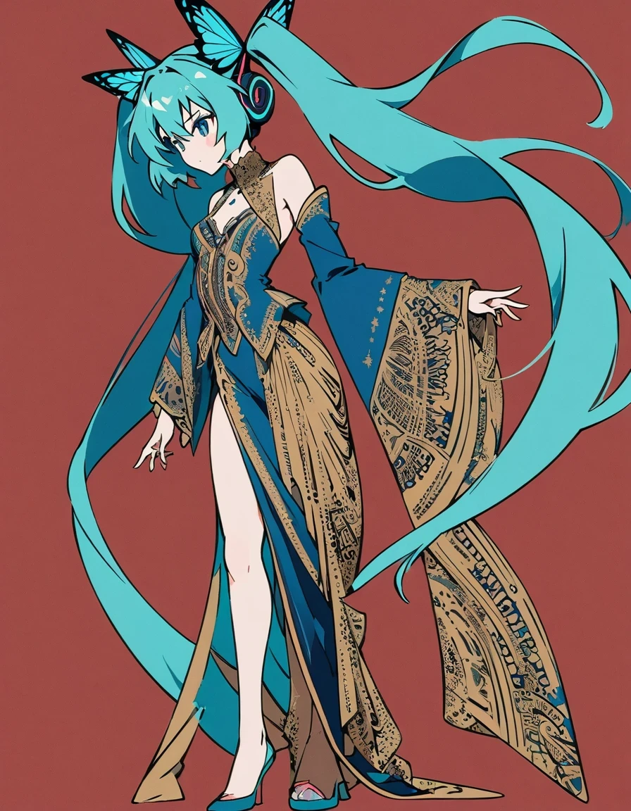  Fashionable Hatsune Miku butterfly with exaggerated poses, Sapphire-blue and gold fabric, Contrasting green hair, minimalist art, Pure Klein red background, line art, Yayoi Kusama, Suprematist style 