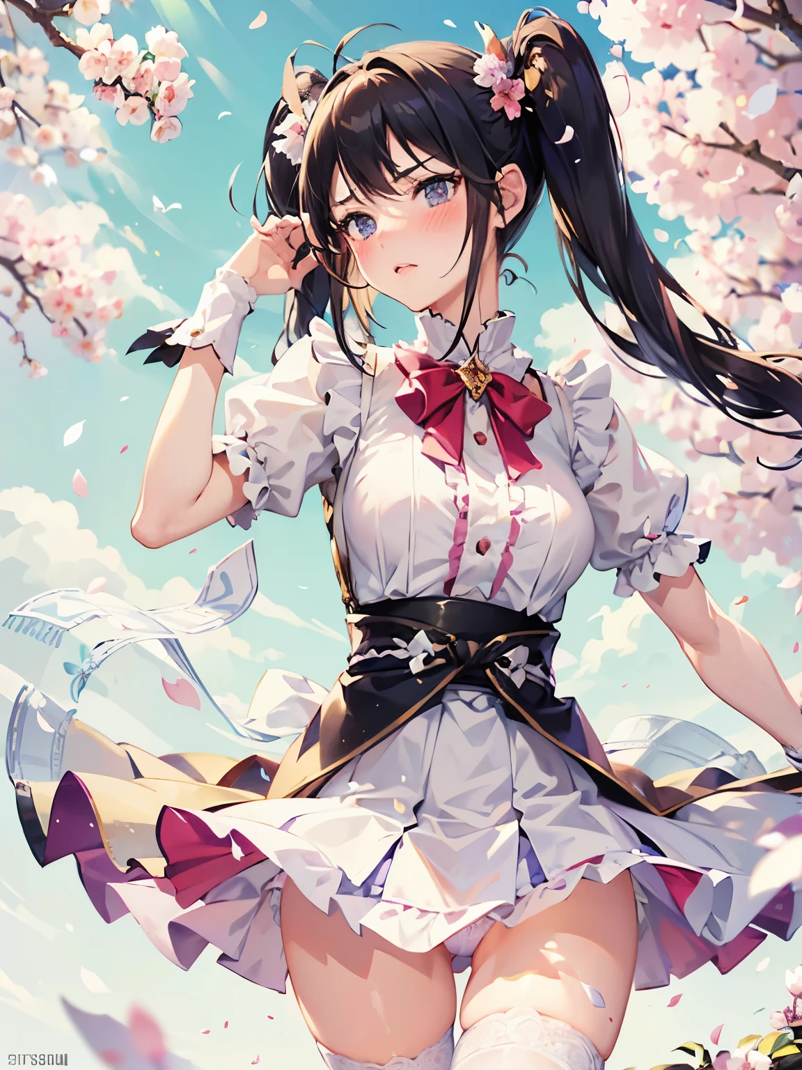 masterpiece,((highest quality)),8k wallpaper,precise expression,((very detailed explanation)). ((female 1)),20-year-old,super beauty,((Fine facial details)),perfect anatomy,correct anatomy,perfect face,perfect arms,,perfect fingers,perfect waist,perfect thighs,twin tails,beautiful black hair,view audience,Camera flash reflected in the eyes,((angry:)),((embarrassing 1.1)),((Very detailed depiction of facial parts)),((blush:1.5)),Wear a white blouse with frills on the collar,wearing a purple corset,maid cosplay,white miniskirt with white frills,((lift the hem of the skirt)),(Show off your panties to your audience),((showing off pink lace panties)),white stockings,((75 degree angle from bottom)),close up shot,japanese model. The background is a cherry tree,spring,noon,The wind is blowing,Many cherry blossom petals flutter,wonderful.