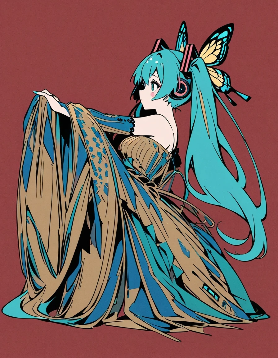  Fashionable Hatsune Miku butterfly with exaggerated poses, Sapphire-blue and gold fabric, Contrasting green hair, minimalist art, Pure Klein red background, line art, Yayoi Kusama, Suprematist style 