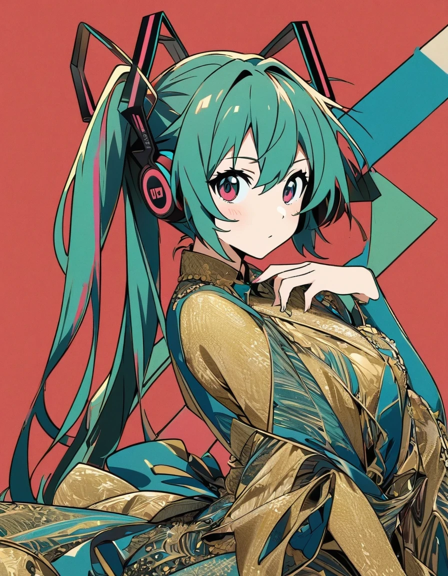 Fashionable Hatsune Miku butterfly with exaggerated poses, Sapphire-blue and gold fabric, Contrasting green hair, minimalist art, Pure Klein red background, line art, Yayoi Kusama, Suprematist style