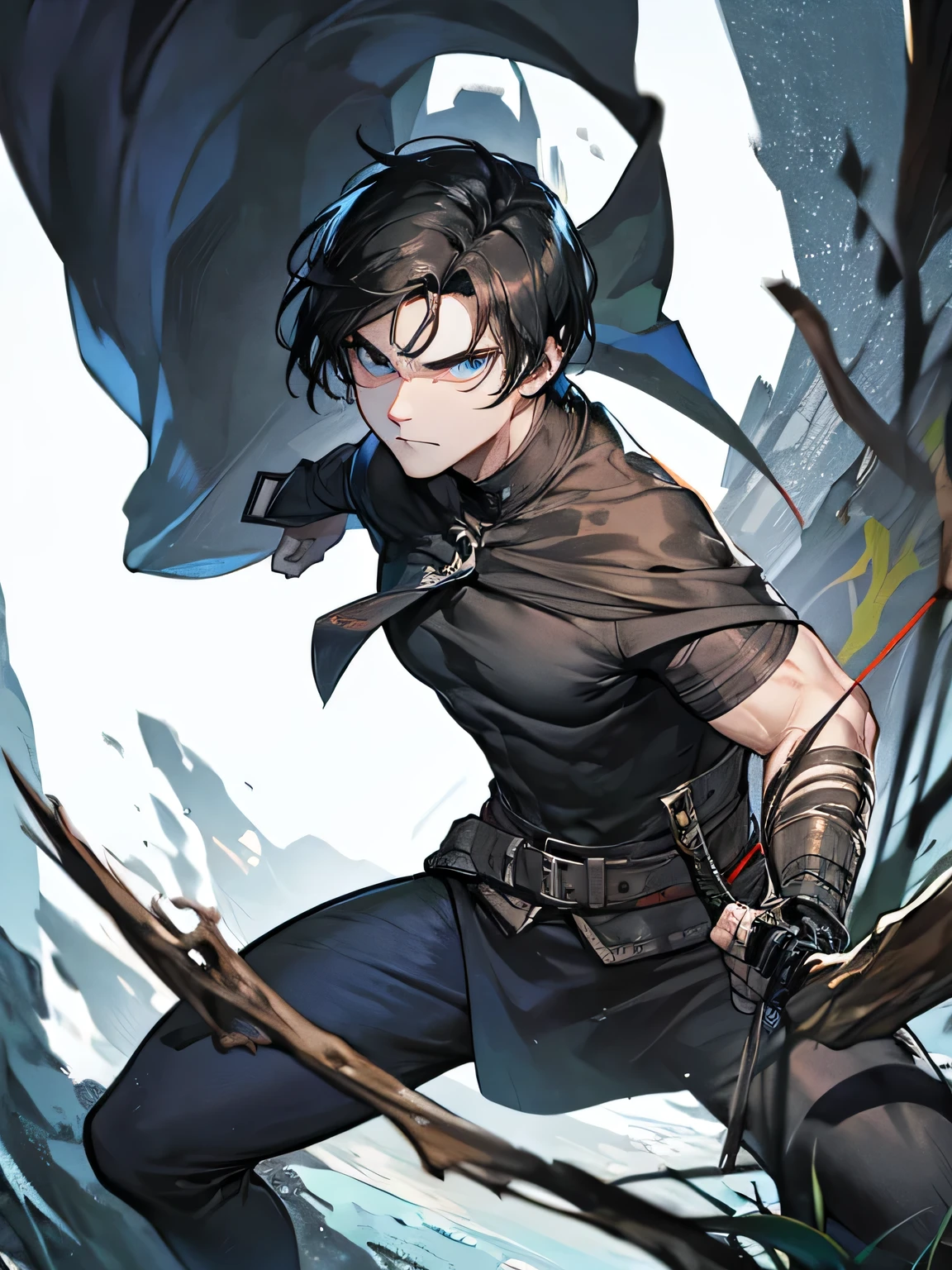 Haggard face,determined eyes,A neat black short hair,male。There is a bow on the back,Holding a sword in hand, 26 years old, hunting,