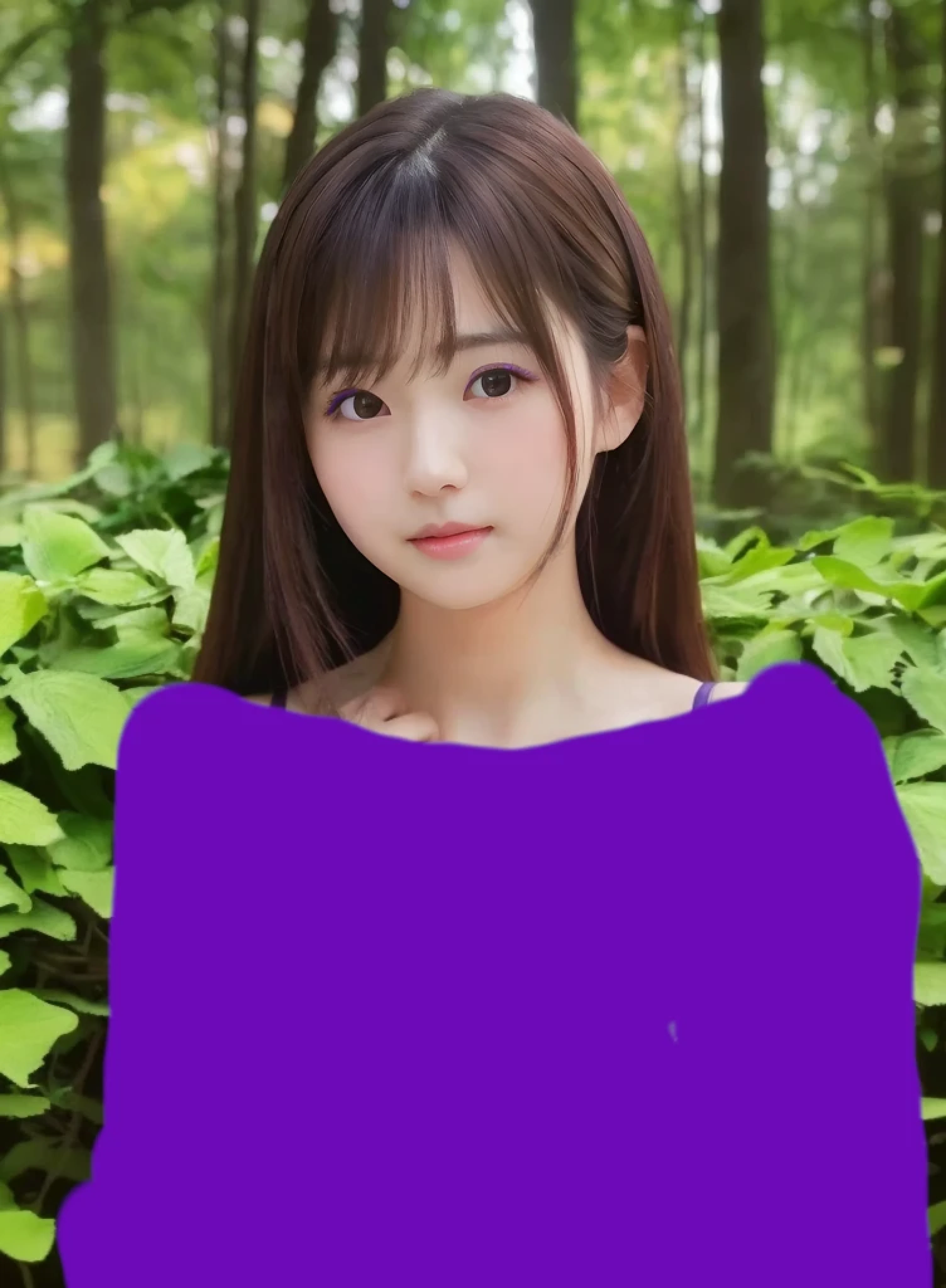 ((forest))、((cute japanese girl、beautiful japanese girl、1 girl、clear、19 years old、ponytail、dark purple purple floral swimsuit、dark purple geometric swimsuit、F cup、big breasts、Beautiful and well-shaped breasts、Highly detailed face and skin texture、elegance、super detailed face、super detailed eyes、Li Hong、blush、cheek、cheeks painted with pink cheek、close up of a woman、 from the neck up、upper body only、 close to camera、 positive face、forward facing body、looking at the camera、front、cute、smooth white skin、Transparent skin texture、))、(dark brown hair、bangs)、beautiful woman with perfect style:1.4、japanese model、young gravure idol、young cute gravure idol、Realistic young gravure idol、sophisticated gravure idol、((highest quality、8K、masterpiece:1.5、1photos))、(4K、RAW photo、highest quality)、(realistic、Photo realistic:1.4)、Place a person across the screen、Natural light、professional lighting、