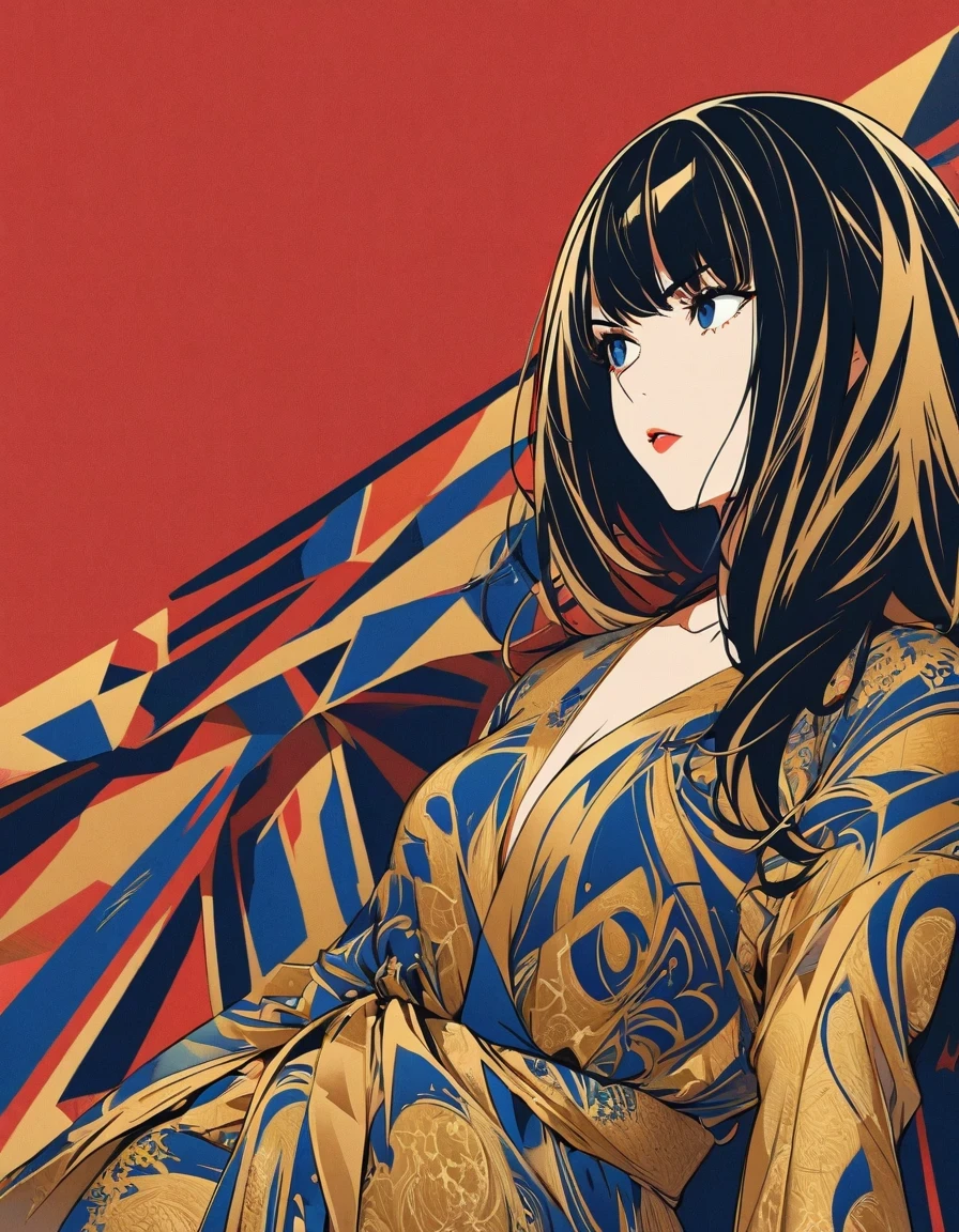 Illustration of a fashionable female warrior with exaggerated poses, Sapphire-blue and gold fabric, Contrasting long black hair, minimalist art, Pure Klein red background, line art, Yayoi Kusama, Suprematist style