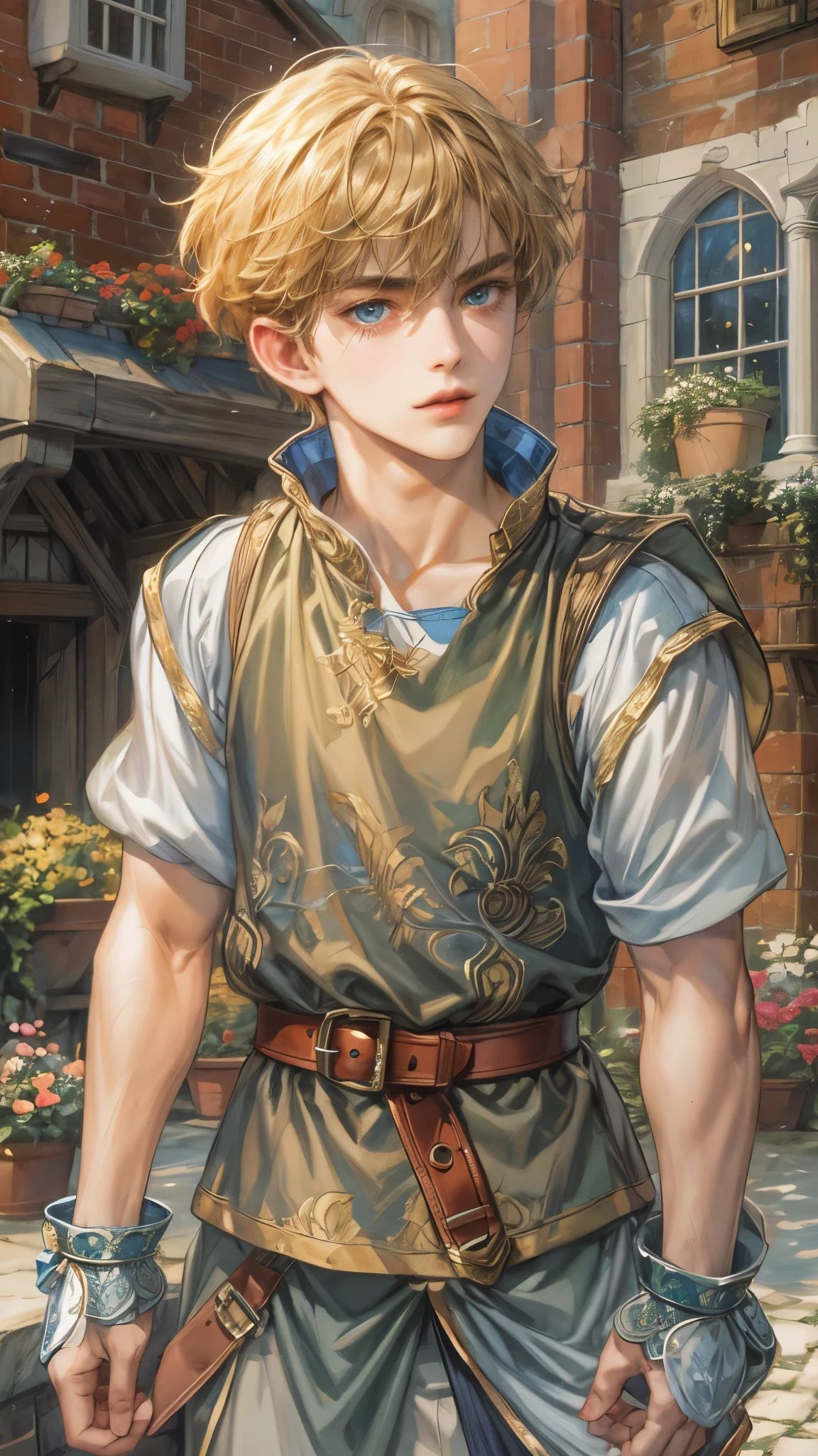 (masterpiece,best quality,ultra_detailed,highres,absurdres),1boy, perfect face, handsome, shorthair, character from gba game shining force, detailed scenery of town england style, detailed character 