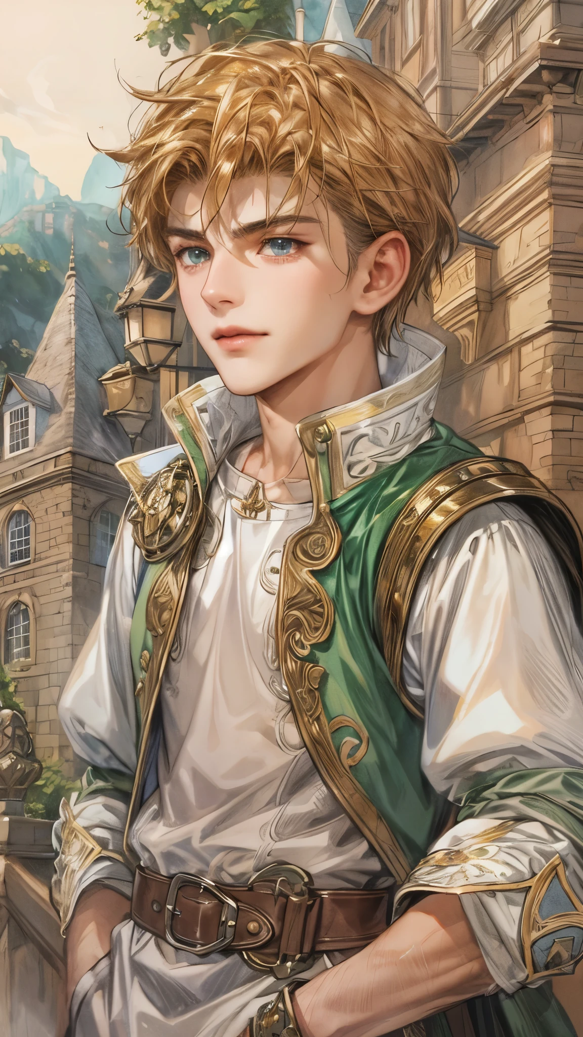 (masterpiece,best quality,ultra_detailed,highres,absurdres),1boy, perfect face, handsome, shorthair, character from gba game shining force, detailed scenery of town england style, detailed character 