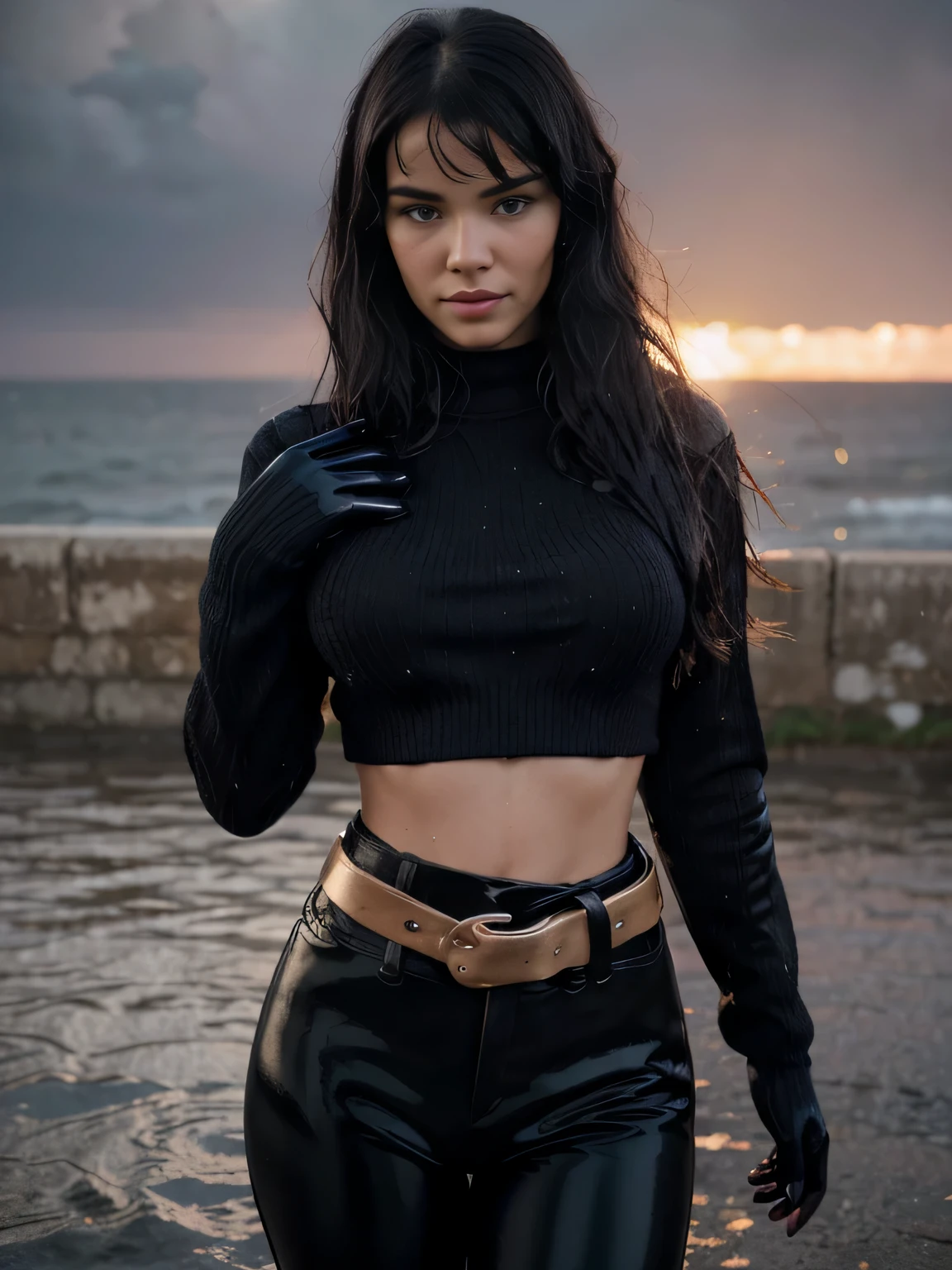 Foreground: a gorgeous sensual soaked Bettie page, age 18, completly soaked wavy black in the wind. she's a men magazine model, She has a subtle smile and flirts with the camera, (she wears completly soaked casual shirt , 5 fingers black gloves, with a long wool sweater and latex pants with big belt:1.2),background gorgeous modern bedroom, heavy rain and rainstorm, strong wind,(in sunset light:1.2), perfect eyes, perfect hands, perfect body, perfect hair, perfect breast, hair behind ear, UHD, retina, masterpiece, accurate, anatomically correct, textured skin, super detail, high details, high quality, award winning, best quality, highres, 16k, 8k,