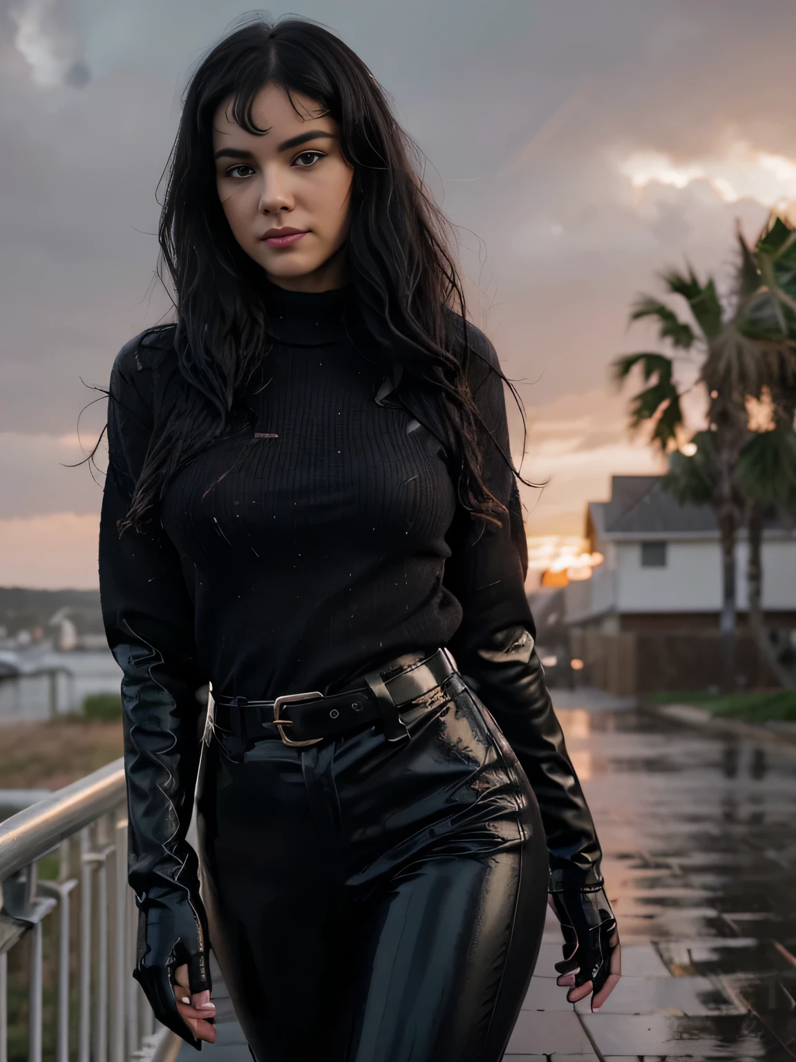 Foreground: a gorgeous sensual soaked Bettie page, age 18, completly soaked wavy black in the wind. she's a men magazine model, She has a subtle smile and flirts with the camera, (she wears completly soaked casual shirt , 5 fingers black gloves, with a long wool sweater and latex pants with big belt:1.2),background gorgeous modern bedroom, heavy rain and rainstorm, strong wind,(in sunset light:1.2), perfect eyes, perfect hands, perfect body, perfect hair, perfect breast, hair behind ear, UHD, retina, masterpiece, accurate, anatomically correct, textured skin, super detail, high details, high quality, award winning, best quality, highres, 16k, 8k,