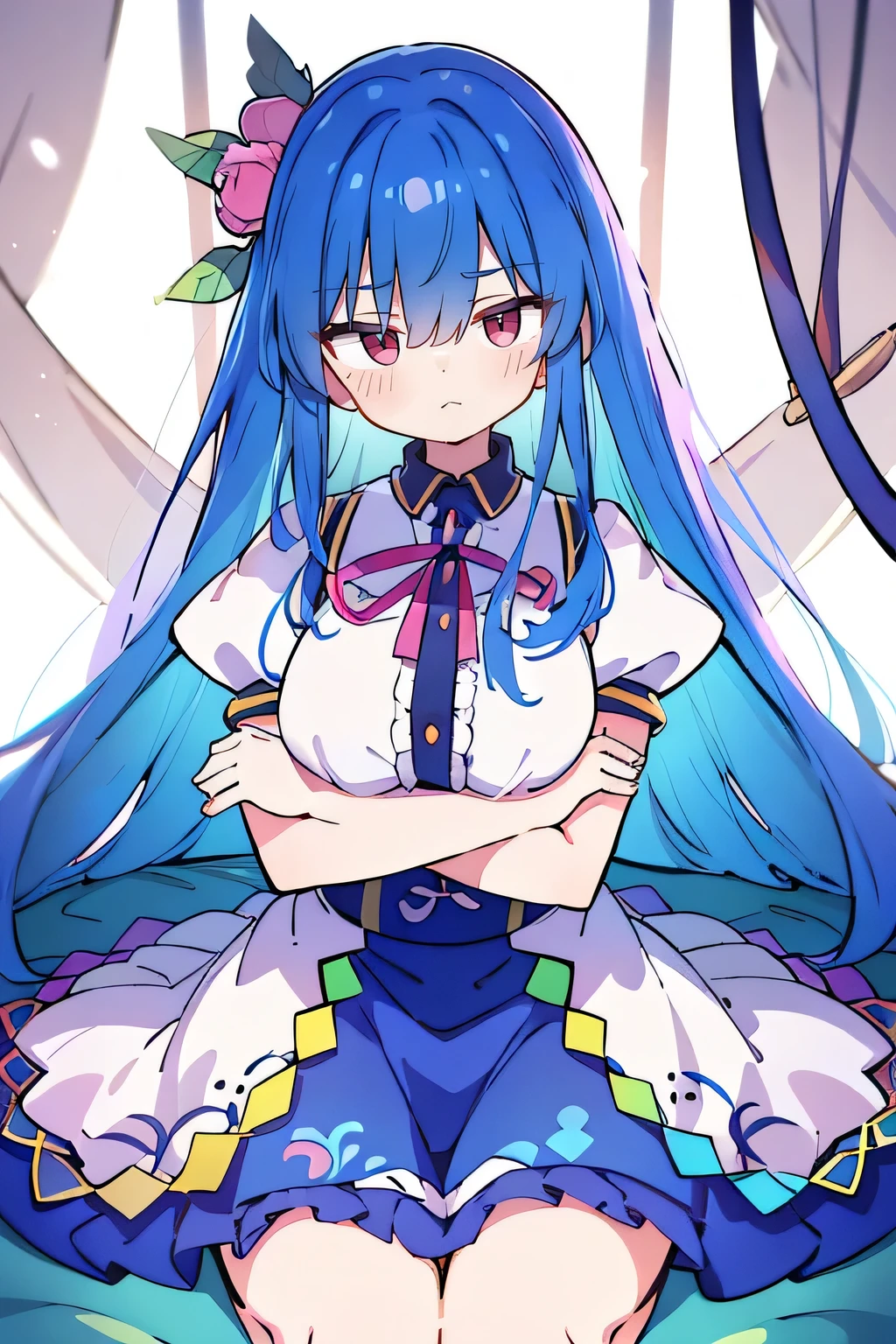 (masterpiece),best quality, expressive eyes, perfect face,sit, sit on ground, legs on the ground, 1girl,
big breasts, H cup, Good breasts, arms crossed, Fair, Gorgeous,japanese manga,girl,Laura,young angel, blue hair, blue haired,tent , tent chest, tent breast, floating clothes