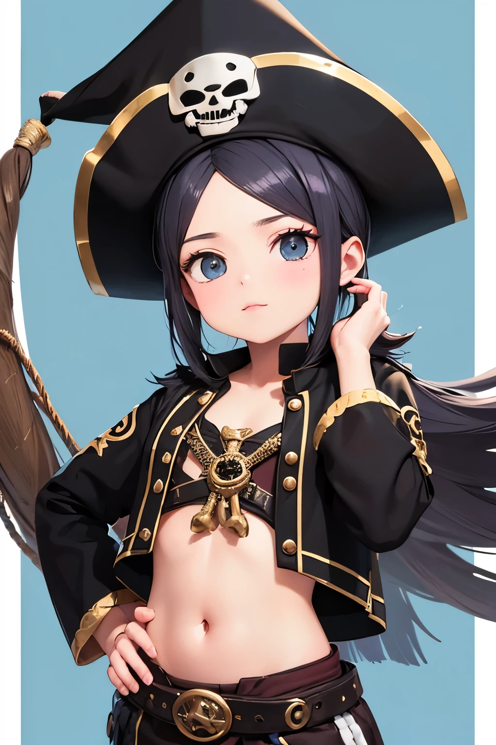 Pirata, roupa de pirada, chapeu de pirata, parede branca, cabelos preto curto, melhor qualidade