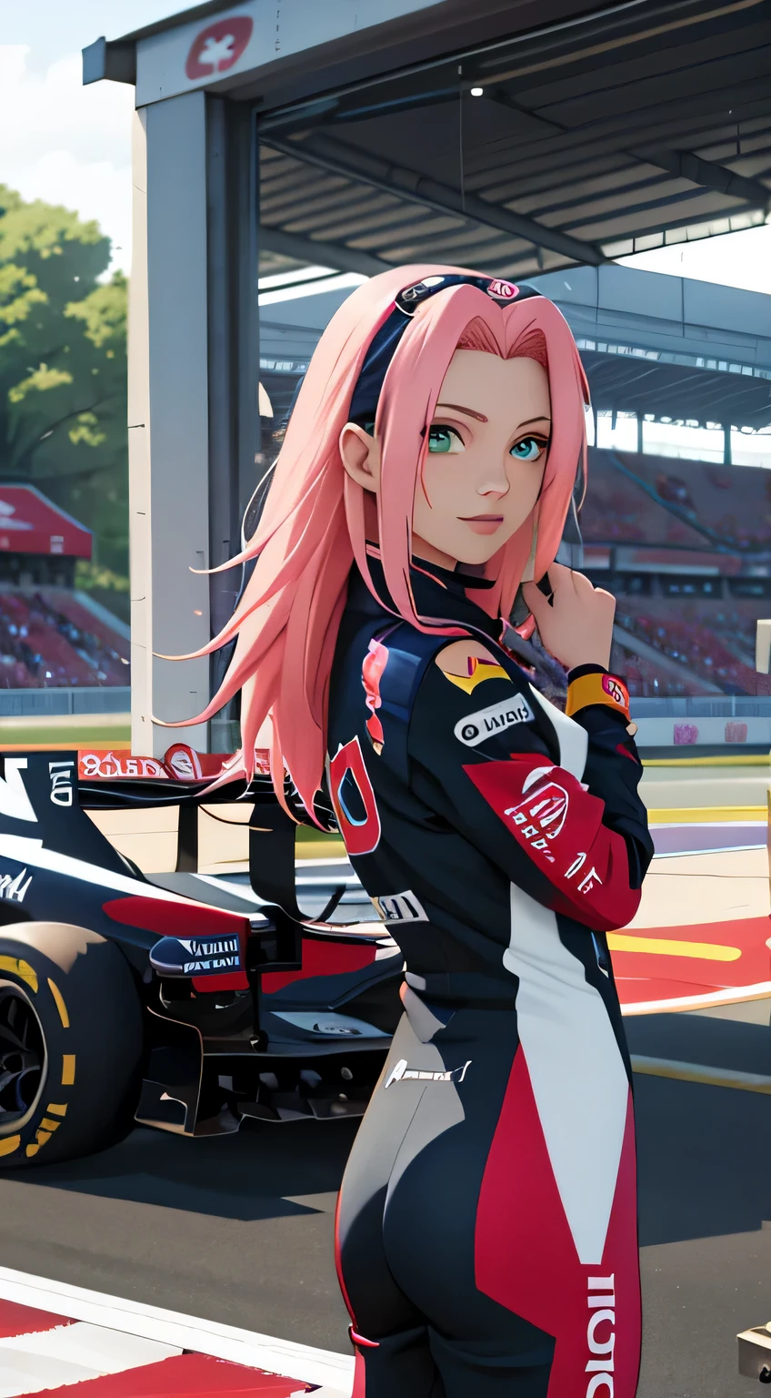 tmasterpiece, Best quality at best, 1girll, Sakura Haruno,Raised sexy,is shy,ssmile,with pink hair, long whitr hair, (Green eyeballs:1.4), Forehead protection, Pole Position, standing beside car, chevrolet camaro race car, anime style, bright colors, dynamic lighting, shiny finish, attention to detail, wearing red bull f1 race suit, exciting atmosphere, vivid expressions