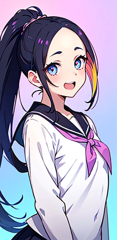 Realistic、1girl、black hair、(forehead:1.3),blue eyes、open stance,(ponytail),(eye focus:1.3,upper body),(gradient eyes:1.3), JK: 1.1,(sailor uniform
)、(Open mouth laugh:1.3),cute face、,(tareme:1.3),(small breasts:1.3),(colorful background:1.5),colorful
