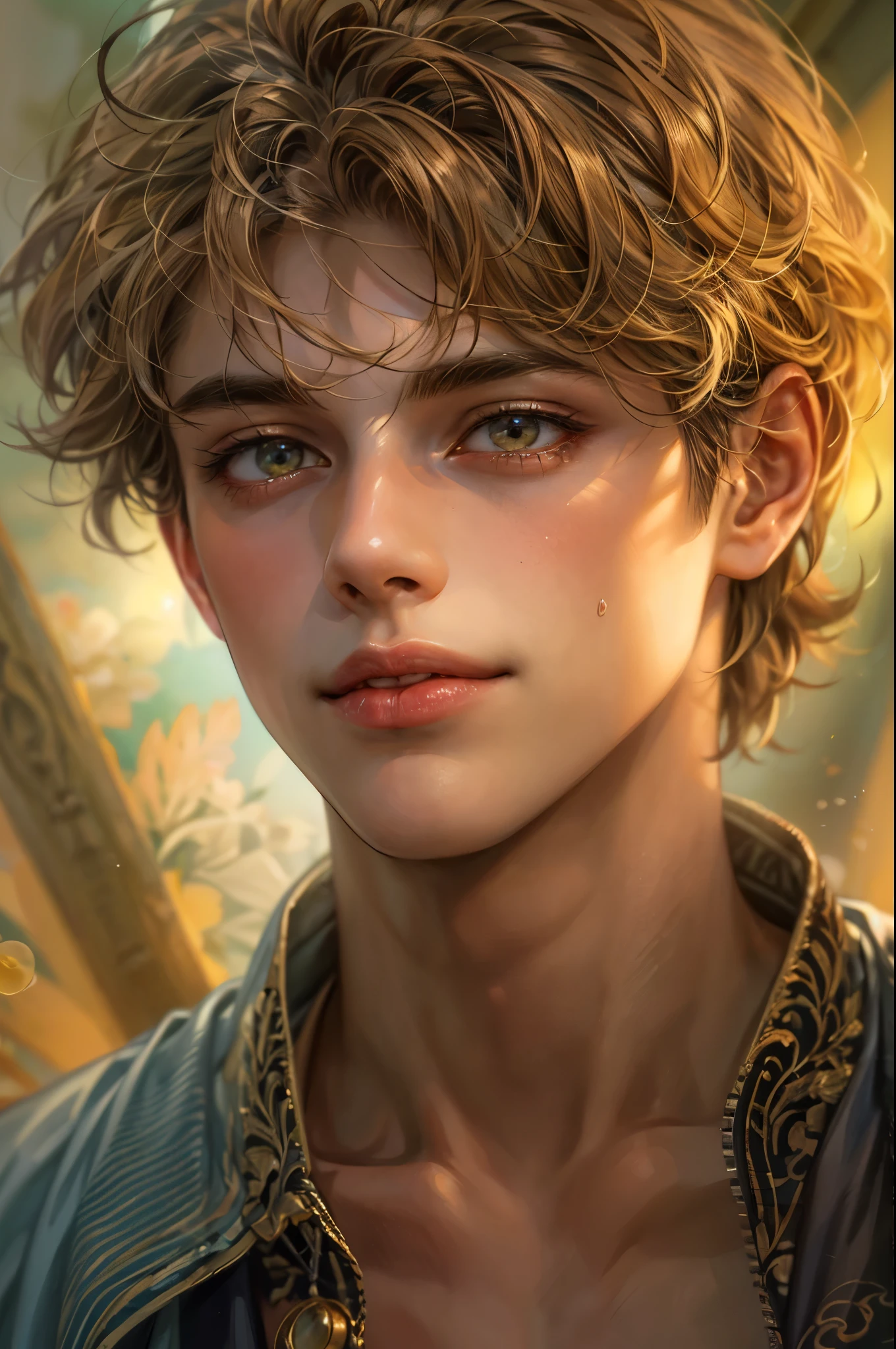 Portrait of the highest quality - 1 boy., 17 years, teenage, character from chronicles of Narnia, short hair, with golden eyes, big eyes, lake, Solo-focal facial treatment for teenagers, shirtless , Beautiful, smiling, dynamic pose, detailed and correct facial structure, perfect face, extremely detailed, Dynamic angle, cowboy shot, The Most Beautiful Shape, elegant, Bright colors, romanticism, atmospheric. Bright, contrasting colors ! photo portrait of a handsome boy in the highest quality