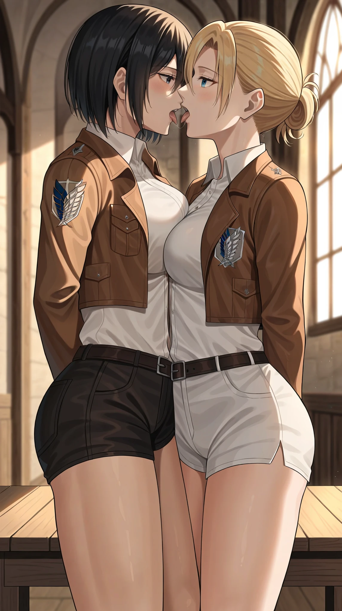 score_9, score_8_up, score_7_up, score_6_up, (by blade \(galaxist\):.6), (by null:.5), flat color, 2girls, yuri, attack on titan, mikasa, annie leonhart, annie and mikasa, depressed, bags under eyes, half-closed eyes, standing, pov, front view, girls kissing, pov, delinquent, flat shading, minimalism, blue eyes, medieval home, indoors, medieval interior, arms behind back, saliva, seductive expression, large breasts, kissing, girls kissing each other, kiss, ((kissing)), yuri, mikasa and annie embrace each other, mikasa and annie kissing each other, annie leonhart (short, blonde, wearing brown leather stocking, wearing brown leather jacket, shorts, small, petite), mikasa (tall, black hair, muscular, big),  medieval clothes, medieval, saliva, tongue 
