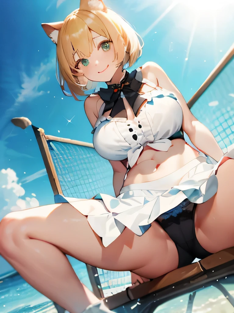 High resolution、(Cat ear)
one beautiful young woman、
(Soft saturation:1.3)、(pale skin:1.2)、
(very detailed background、detailed background)、Bokeh、
break,Portrait of a smiling girl, blonde,。Seen from the front、symmetrical configuration。
White swimsuit staring with serious eyes、white ??????、???????????、
outside the house、sea surface、sky sky、Light of the sun、summer beach、sandy beach、
Strong light always on、
( by becoming:1.3)、(cowboy shot:1.2)、Break angle from the front、
looking at the viewer、
dynamic pose、
sitting on the seaweed on the beach、seaweed、seaweed、seaweed、seaweed、seaweed、seaweed、
In 8K、highest quality、masterpiece、Super detailed、超High resolution、anime style、1 female、girl' room、Brightly printed ruffle shorts Brightly printed frill bra、calm room、Lens flare、(Cat ear)、Bob cut blonde hair、???????????、Turn around in embarrassment、???? ???????????、I can see your ????、bright black ribbon panties (Cat ear)、Bob Cut Blonde Hair、???????????、Smile and laugh with your mouth open、Turn up the skirt、I can see black panties