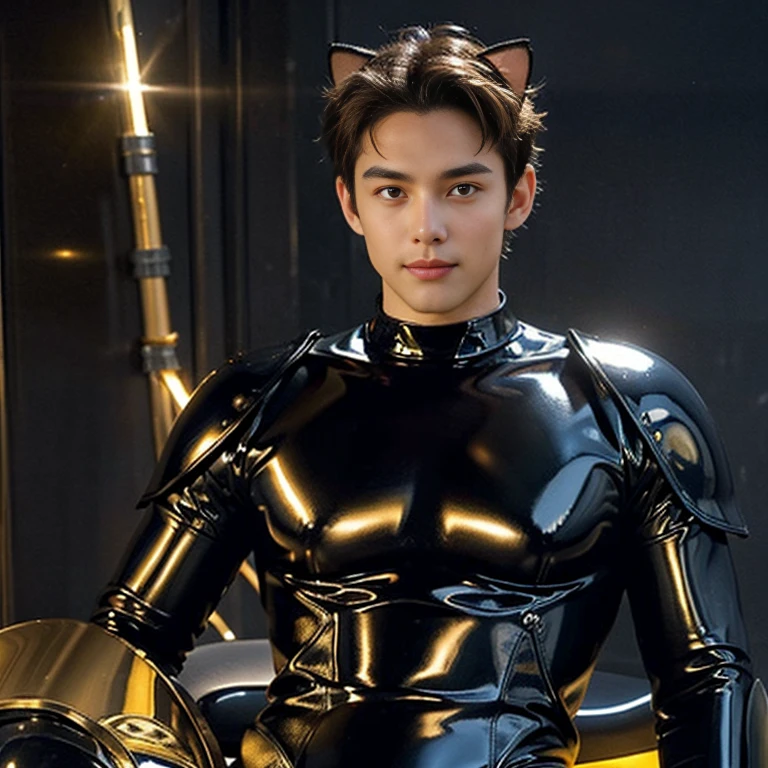 ((young male)), brown hair, yellow eyes, cat ears, cat tail, sexy latex bodysuit, light armor, [skinny:muscular:0.7], science fiction, sci-fi, cosmic background , grins , bare chest , bigboobs , puffy nipples