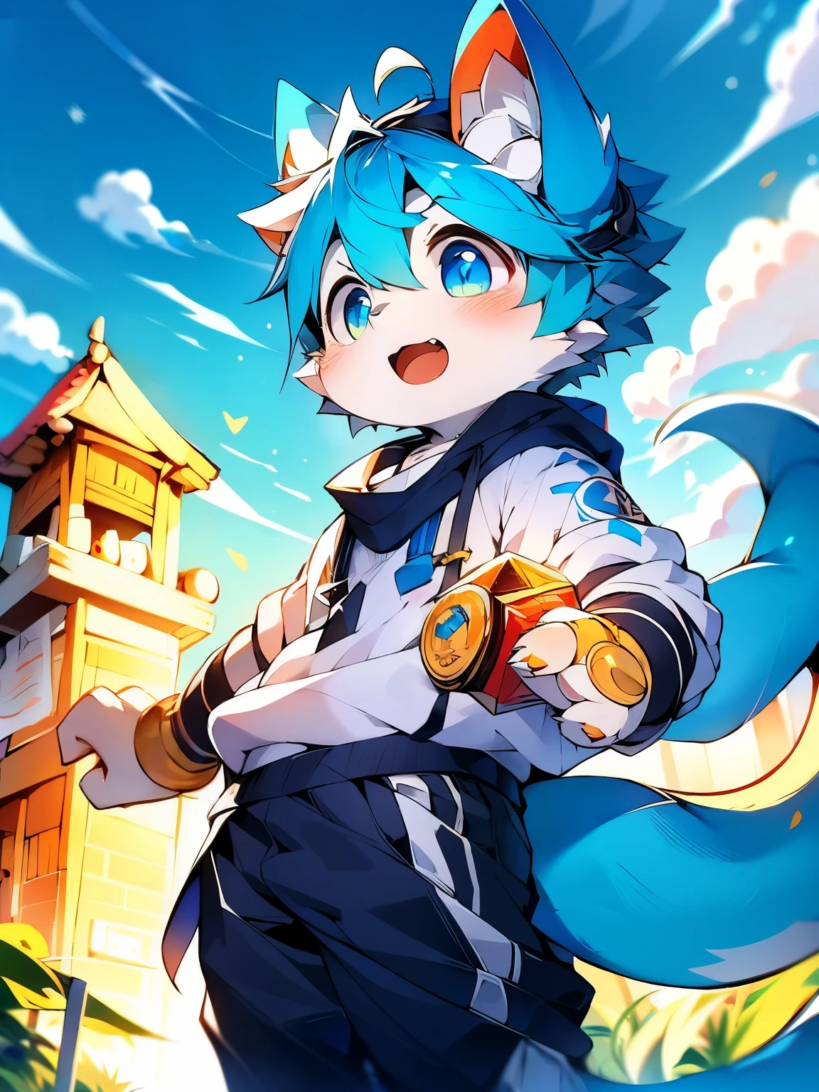 blue hair,white hair,Blue dragon tail,The end of the tail has white fluff,White sweatshirt,hairy,God of Art Super Top Quality, super detailed, High resolution, Anime cute art style, The best anime, 8K, Kona sauce wallpaper, Pixiv Contest Winners, perfect anatomy, , (Energetic teenager, :1.3), High resolution详细的头发,White wide-leg pants,on the street,blue sky,sunset,The iris and pupil are well proportioned,blue pupils,blue ears,single