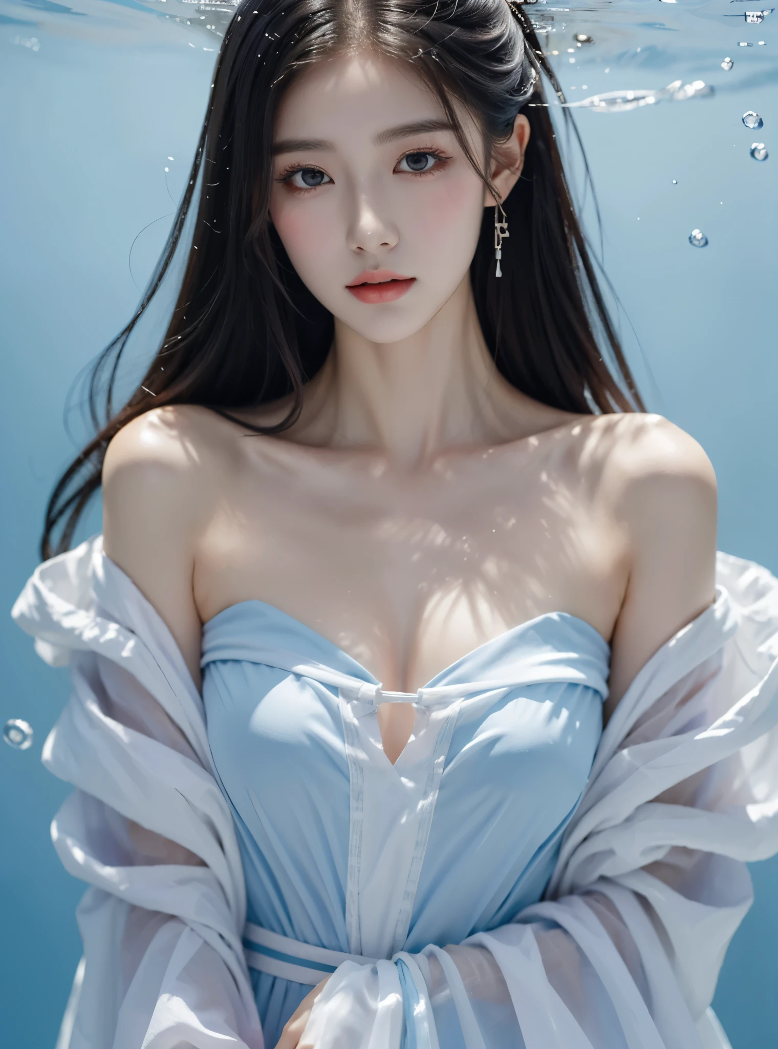 gufeng,bare shoulders,best quality,masterpiece,ultra high resolution,Clear face,(realism:1.4),original photo,cold light,woman wearing transparent clothes underwater,full body image,wallpaper anime blue water,Gurwitz-style artwork,water magic closeup fantasy,author:Yang Jie,Gurwitz,A beautiful artistic illustration,Water Nymphs,Beautiful digital artwork,Beautiful digital illustration,Li Song,A beautiful anime portrait,a bull'Art style