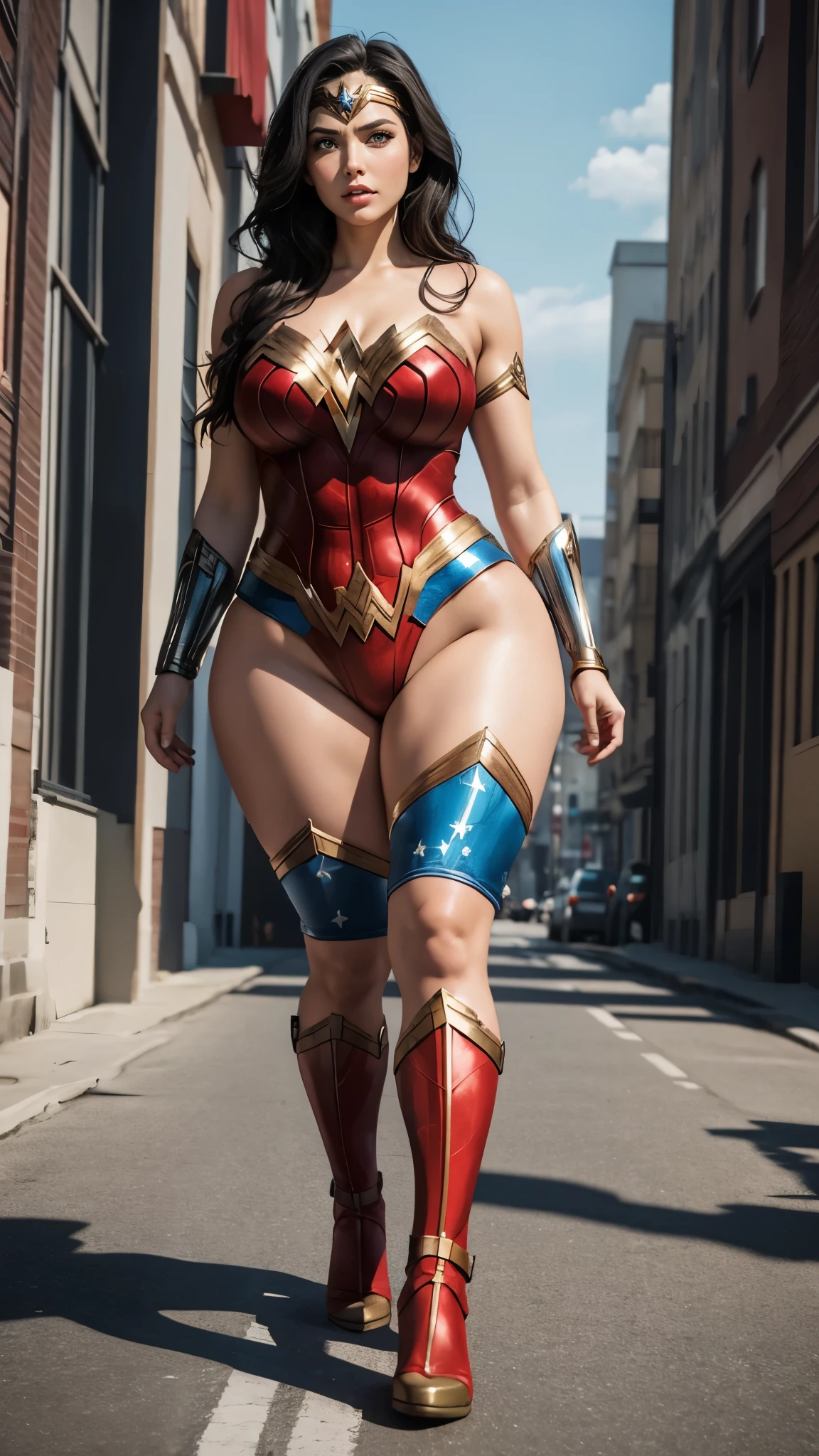 Wonder Woman, wide hips, curvy, long legs, big ass, beautiful eyes, beautiful, full body, thick high, sexy swimsuit outfit, background city