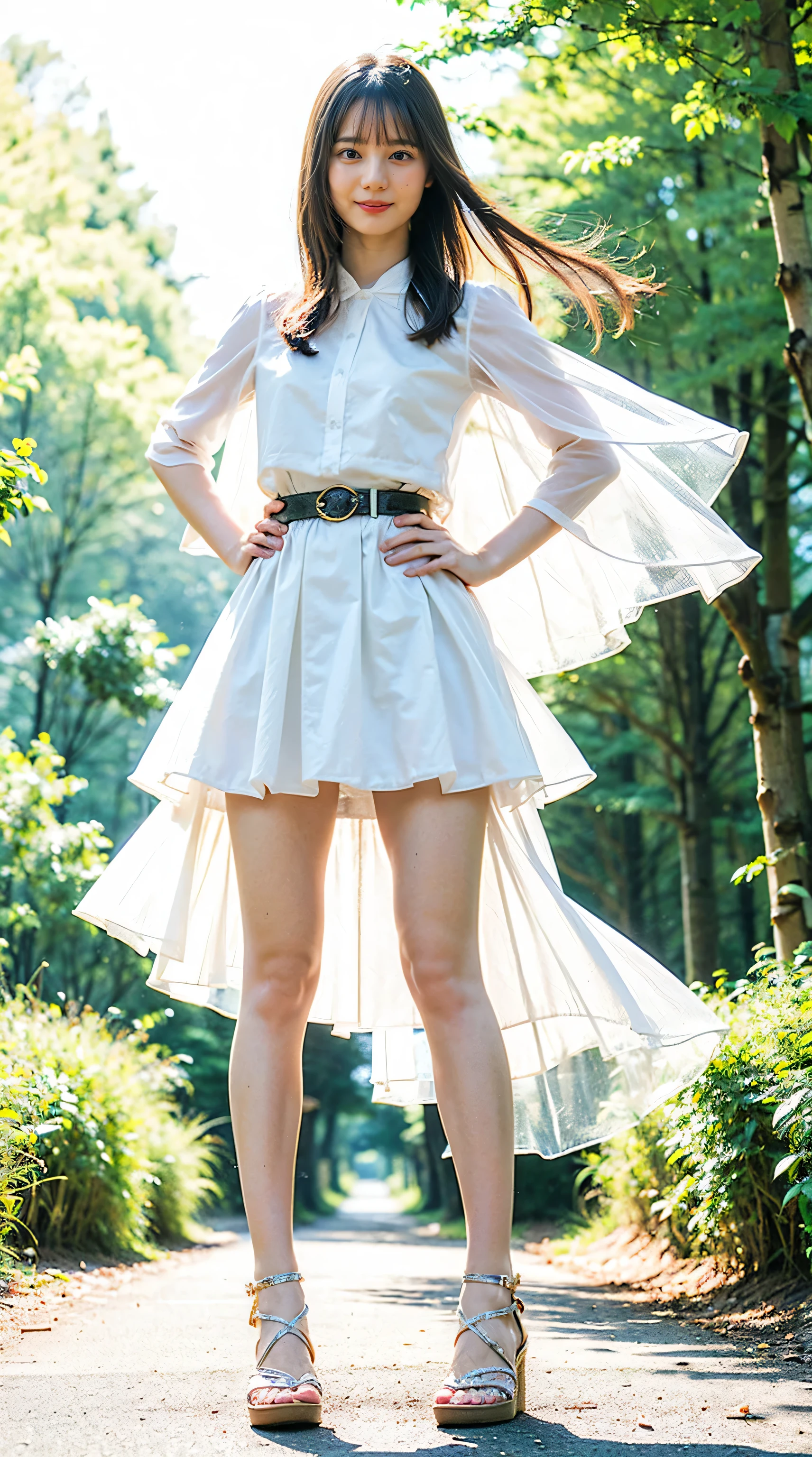 (8K、Raw photo、highest quality、masterpiece:1.2)、(realistic、Photoreal)、1 girl、((white dress、flare skirt、See-through、in the forest、sandals、blonde、I can see your feet、stand with hands on hips、belt、big breasts、Seen from the front、stand with legs apart、))、lots of eyelashes、Glitter on your eyelids、skeletally correct、smile、standing with hands on hips、