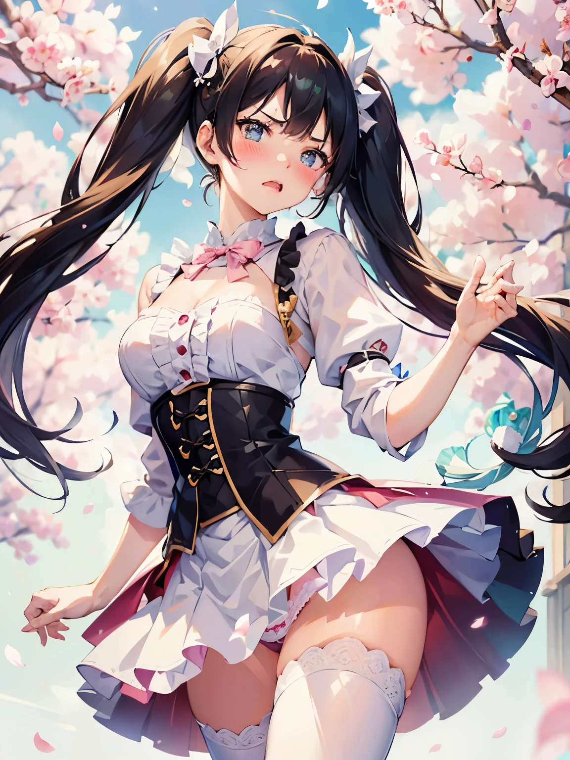 masterpiece,((highest quality)),8k wallpaper,precise expression,((very detailed explanation)). ((female 1)),20-year-old,super beauty,((Fine facial details)),perfect anatomy,correct anatomy,perfect face,perfect arms,,perfect fingers,perfect waist,perfect thighs,twin tails,beautiful black hair,view audience,Camera flash reflected in the eyes,((angry:1.1)),((embarrassing 1.1)),((Very detailed depiction of facial parts)),((blush:1.5)),Wear a white blouse with frills on the collar,wearing a black corset,maid cosplay,white miniskirt with white frills,((lift the hem of the skirt)),((Show off your panties to your audience)),((showing off pink lace panties)),white stockings,((75 degree angle from bottom)),close up shot,japanese model. The background is a cherry tree,spring,noon,The wind is blowing,Many cherry blossom petals flutter,wonderful.