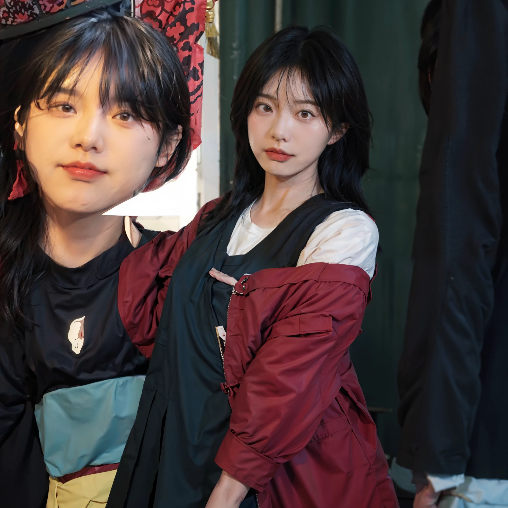 There is a woman wearing a tie and a red shirt, Chiho, Taken in the early 2020s, harumi, motto hole, Black-haired Sui Ishida, kinu nishimura, Yoshitomo Nara, ayamin to whom, chiaki nanami, yuuka kazami、Shown from the waist up.、standing naked、I can see the nipples