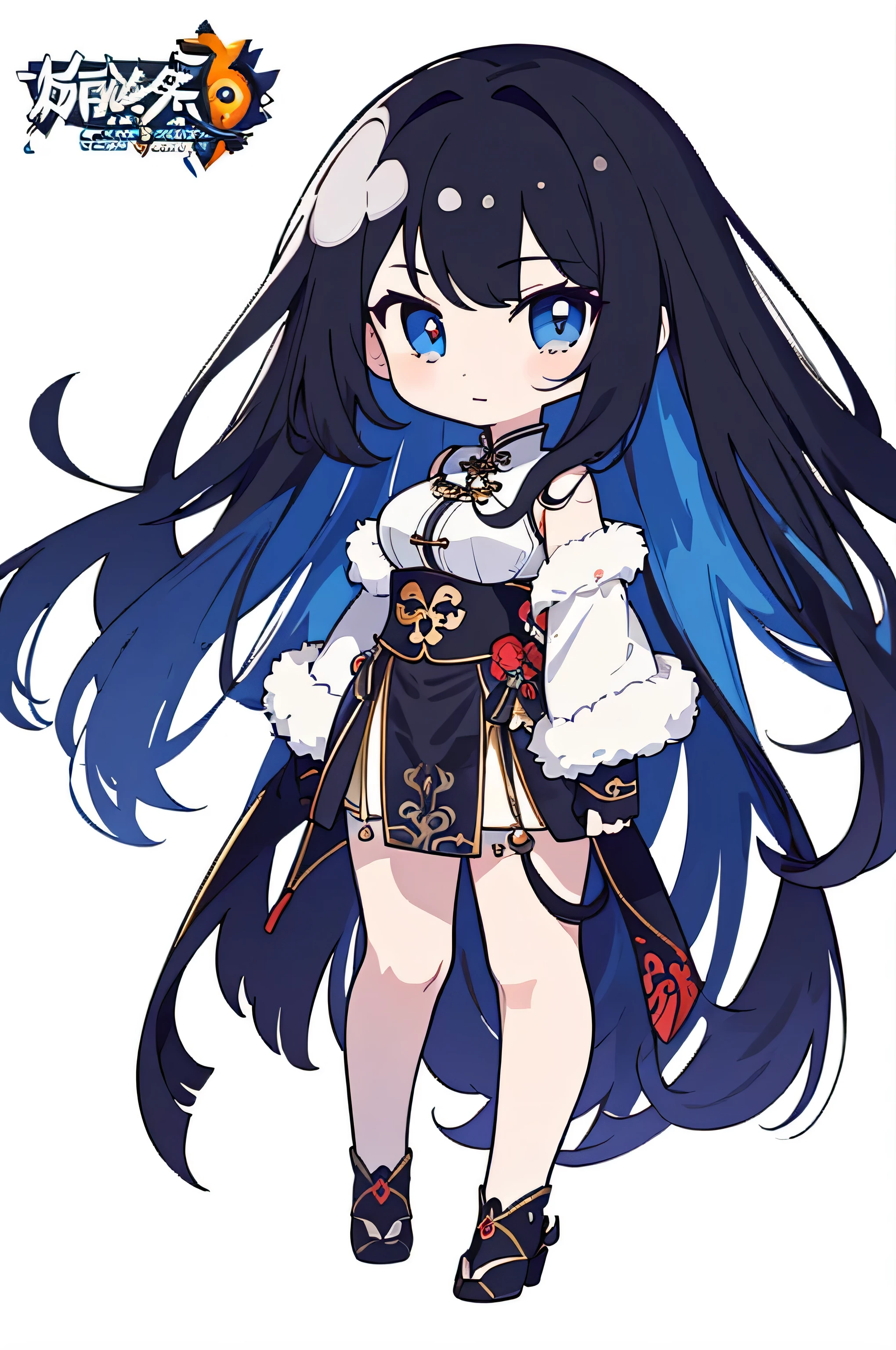 ((masterpiece)),(((best quality))),illustration,1个Giant Breast Girl,role conception，simple background，White background，black chinese clothing，Sexy clothing，long blue hair，stand firm，（（chibi））
