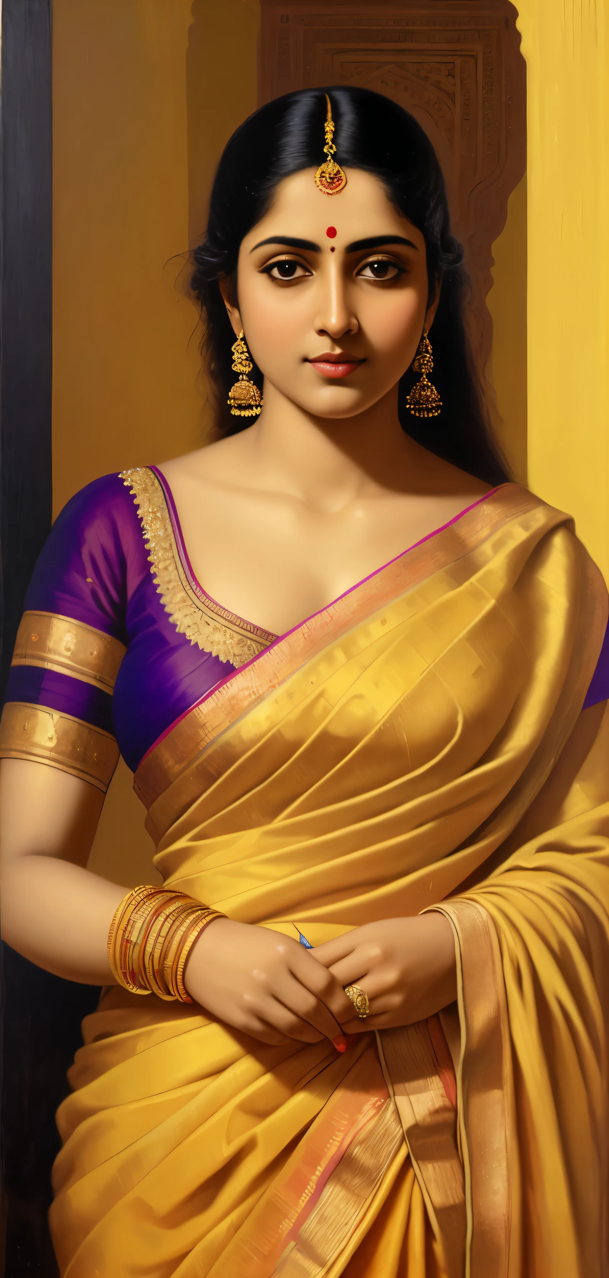 Masterpiece,8k uhd, hdr, realistic, hyper realistic, intricate, vibrant colour, painting of a woman in a yellow sari, pierced eyes, traditional beauty, inspired by Raja Ravi Varma, indian art, by Raja Ravi Varma, painting of beautiful, inspired by T. K. Padmini, painting of a woman, by Sardar Sobha Singh, gorgeous woman, oil on canvas painting, traditional painting, oil-painting, intricate details, 19th century Academic Art, 