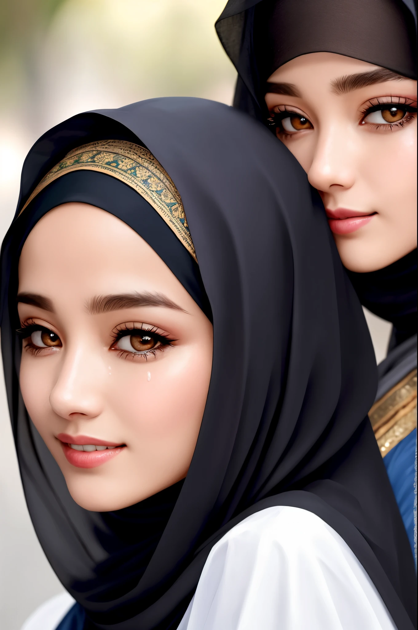 (best quality), (photo-realistic:1.2),realistic skin texture, beautiful Arabian lady,Cute,Double eyelid, bangs, red bob cut, wearing hijab, Thin,(figure),slim,smile, earrings, looking at viewer,face focus, crying in the rain,depth of field,wearing islamic uniform 