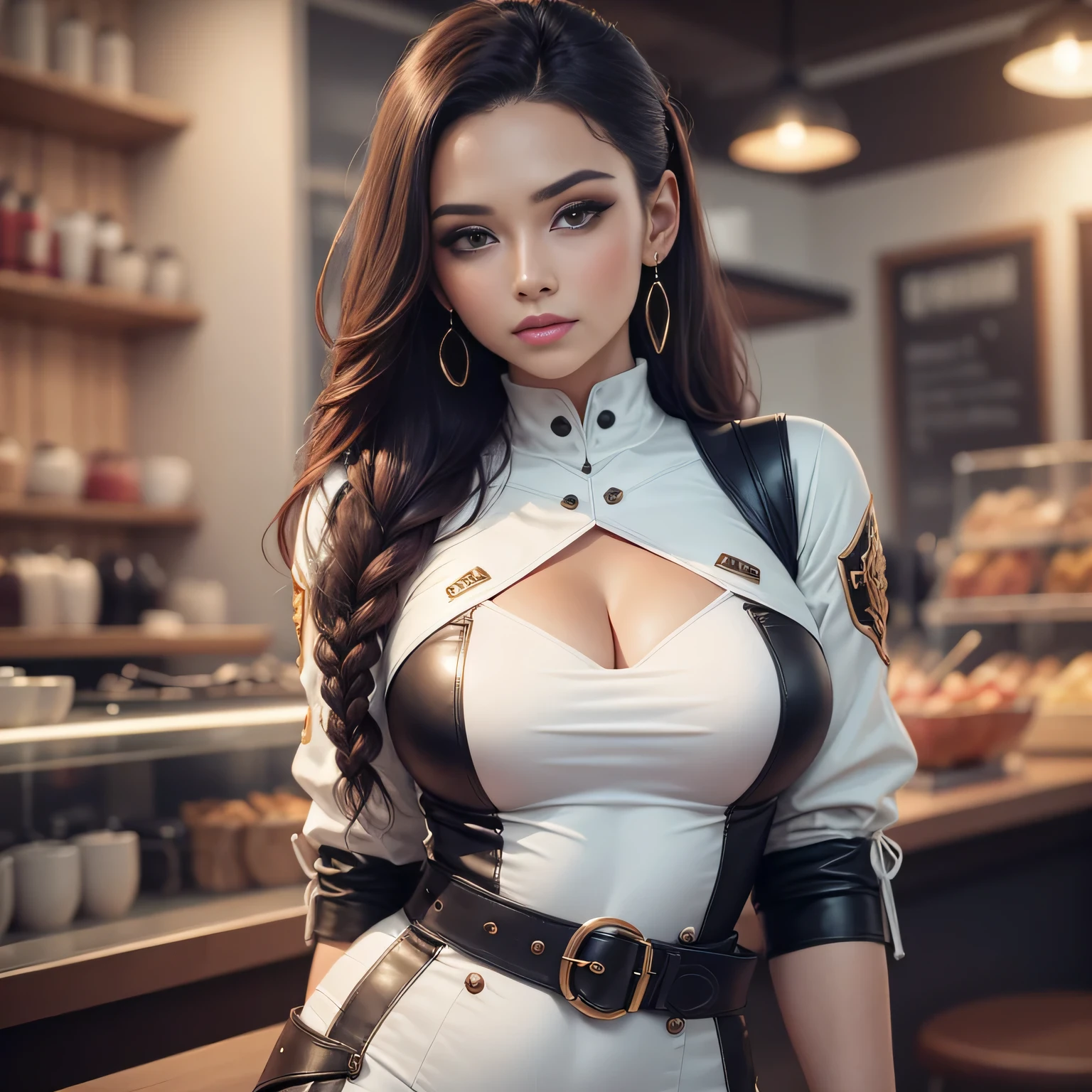 AutumnF8lls, a photo of a beautiful woman, wearing a high neck white pencil dress with a waist belt, in a modern coffee shop, mascara, eyeliner, earrings, slight smile, looking at viewer, realistic, 8k, dslr, high resolution, hyper detailed