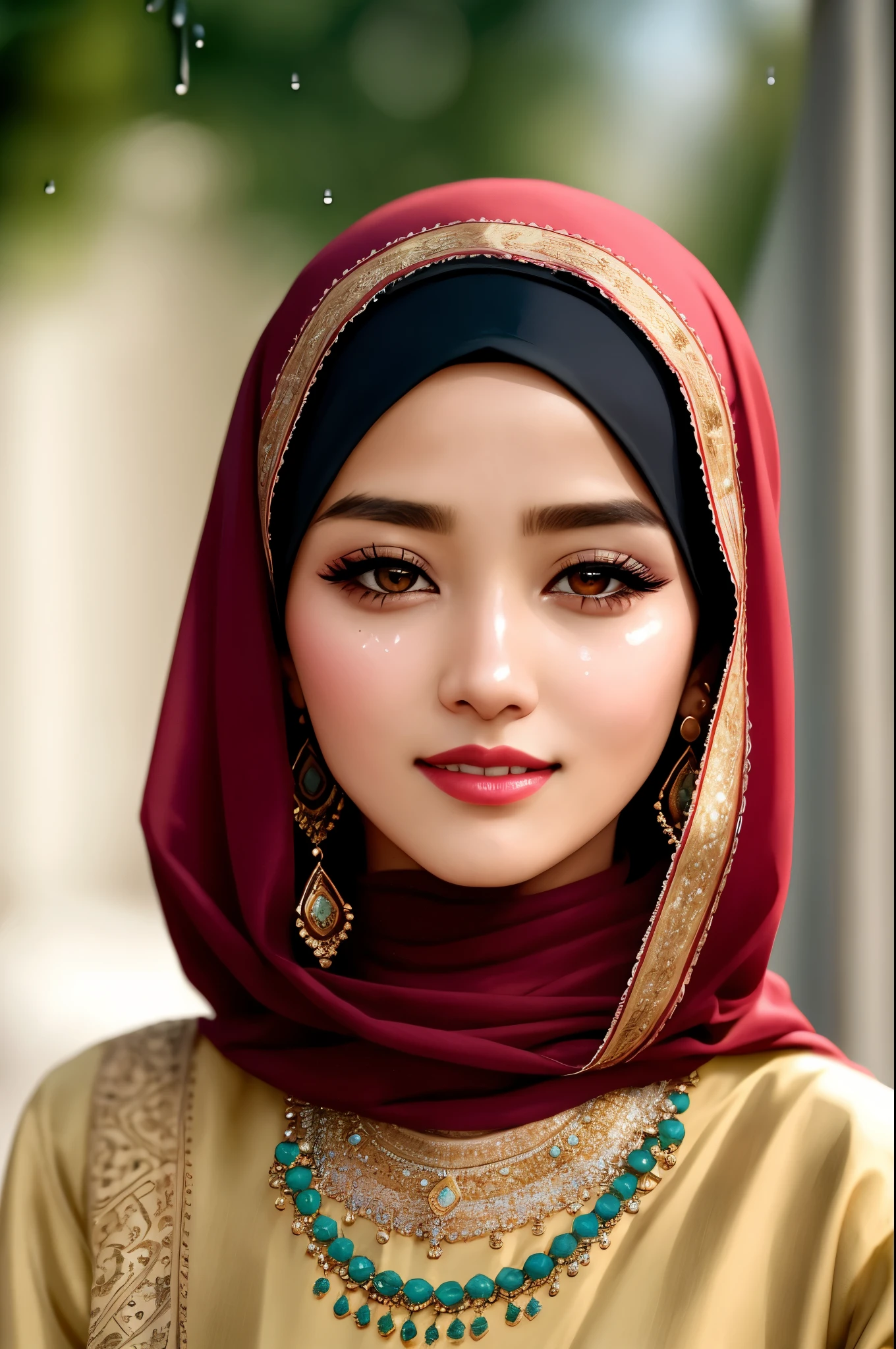 (best quality), (photo-realistic:1.2),realistic skin texture, beautiful Arabian lady,Cute,Double eyelid, bangs, red bob cut, wearing hijab, Thin,(figure),slim,smile, earrings, looking at viewer,face focus, crying in the rain,depth of field,wearing islamic uniform