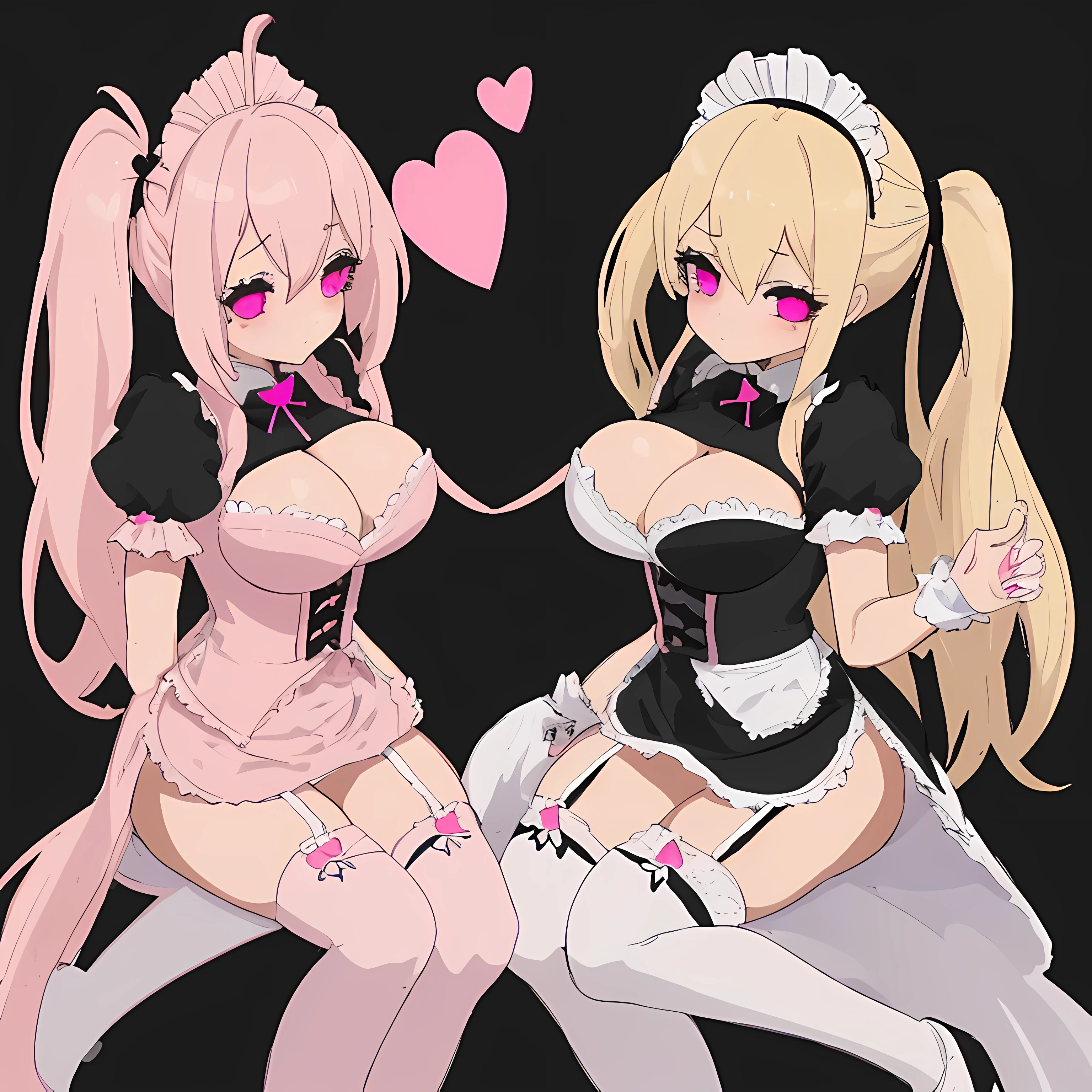 A busty  maid with blonde side tails, pink heart eyes, white on the right and black on the left, wearing knee highs and a super miniskirt with a garter belt.