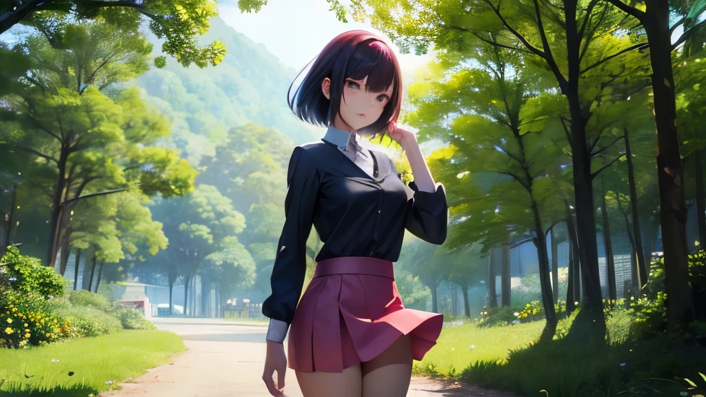 A Beautiful anime woman with a very short skirt in a feminino positivo, looking at nature