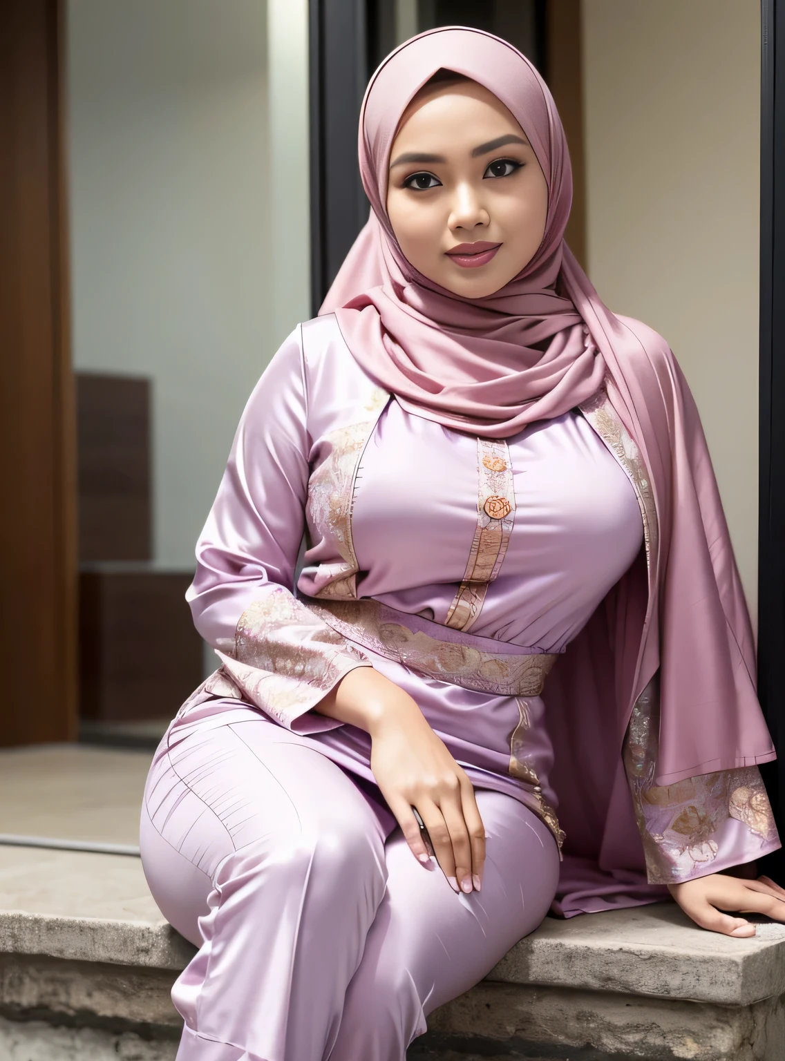 (Best quality, high resolution, masterpiece: 1.3), a beautiful malay woman in hijab, big breasts, slim figure, sweatshirt, beautifully presented details in the street and facial and skin texture, detailed eyes, double eyelids, big eyeschest visible, shirt openfeatures), HDR, 8k resolution, nice fingers, firm skin, (((high detail skin, visible pores))), 1 female, tall body, sitting on the bed, 30 years old, big breasts: 1.4, wearing Floral Silk Tight Malay Gamis Pastel Close Up Tight Hijab, Full Body, Beautiful Shy Smile, Wearing High Heels, In Lux