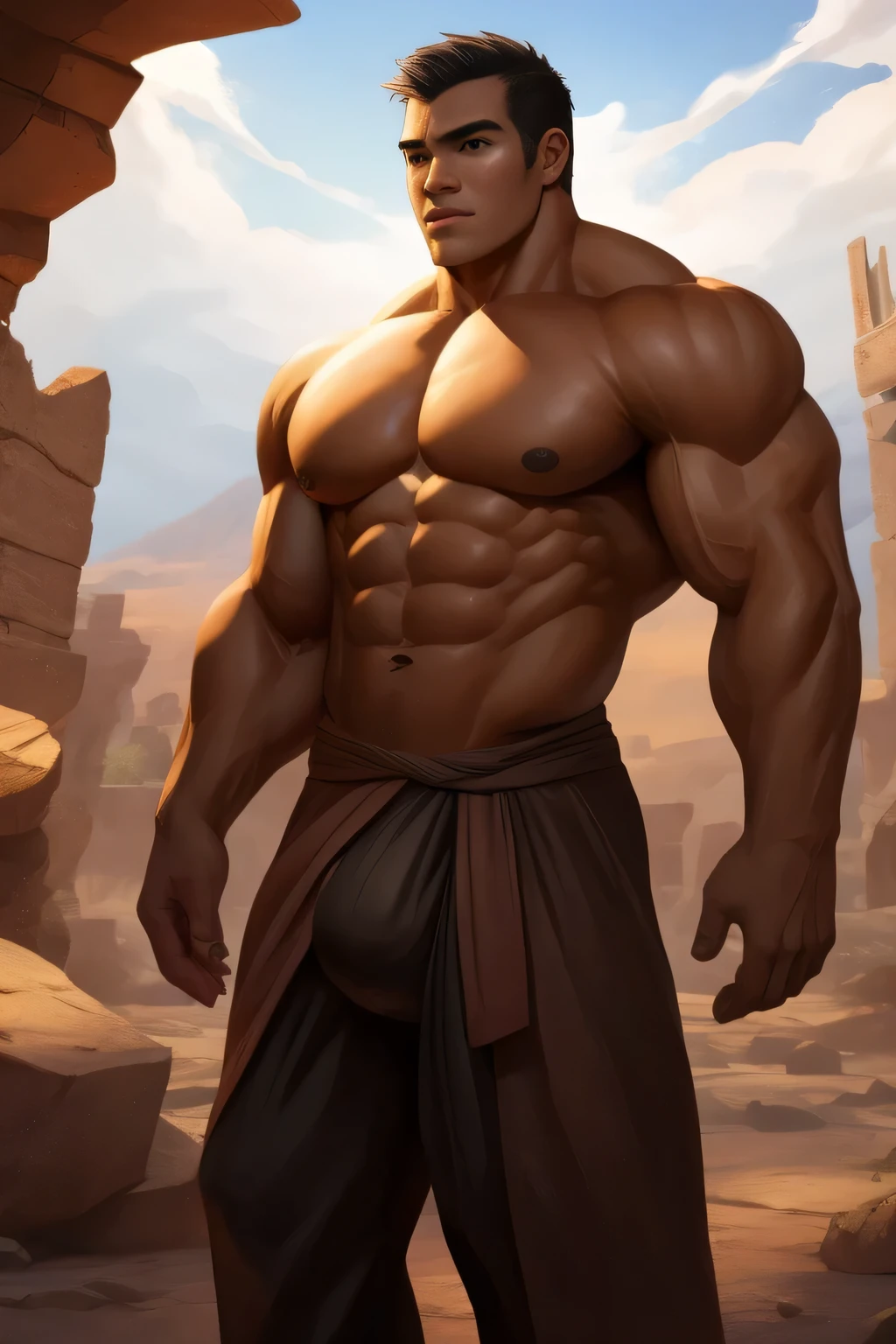 Background image of a rocky desert with a beautiful river behind it. a man (human) 20 years old, beardless, tall, and very muscular. His shoulders as well as his back and chest were enormous, from shoulder to shoulder it seemed to be a meter long; On his chest were 2 enormous pectorals that were gigantic and very voluminous, proudly supported by 8 chiseled abs. His torso, from his shoulders to his waist, had the shape of a V which was very marked on his waist, his arms were as thick as a log. and his biceps were big and shapely. His buttocks were also wide, round and big and firm, and his thighs were almost as thick as his arms, or thicker if possible.
bodybuilder body. he wears brown Jedi-style baggy pants dark, crotch bulge, Ruins of a Jedi temple with ancient stone statues in a rocky desert with an oasis in the distance. Jedi open tunic, yellow luminous blade lightsaber.