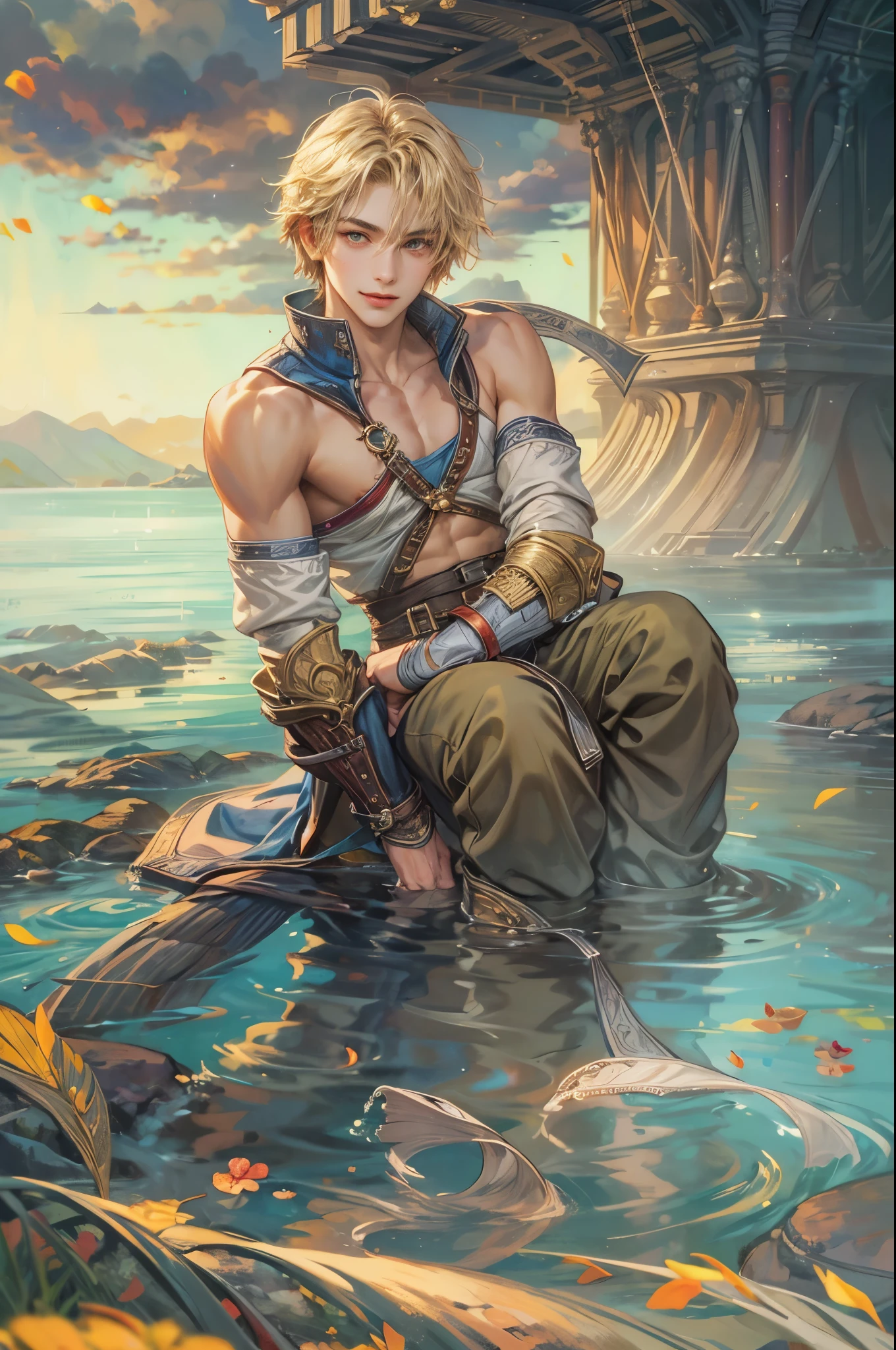 female <lora:Final_Fantasy_Tactics_-_Pony:1> fantasy game, taking a bath at a waterfall at night, score_9, score_8_up, score_7_up, score_6_up, score_5_up, score_4_up, hd, (ultra hd quality details), 8K, monk, source_anime, 2d illustration, rating_explicit, 1girl, Curtain bangs, small boobs, flat chest, Curvy body, green eyes, Metallic gold hair