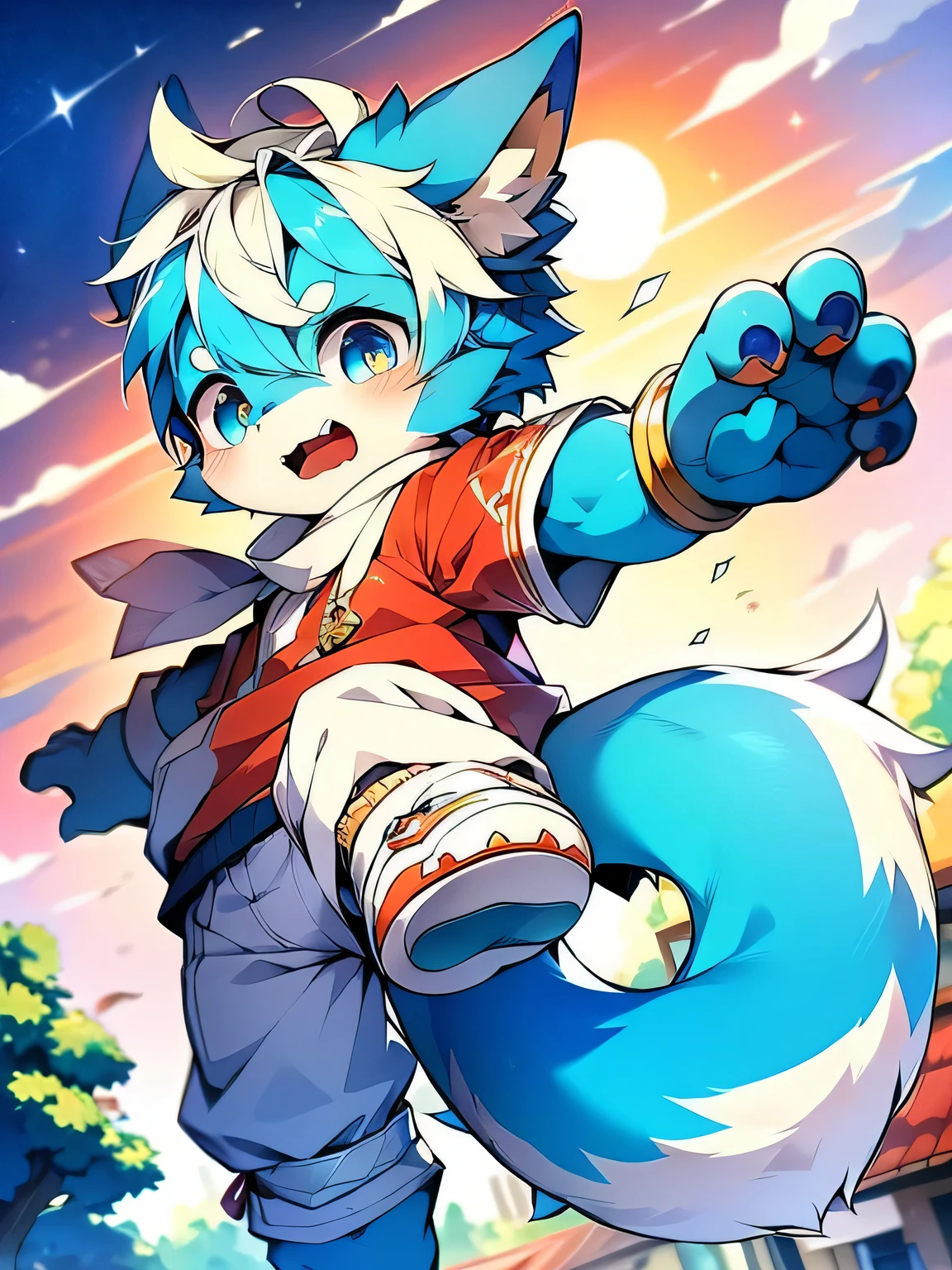 blue hair，white hair，Blue dragon tail，The end of the tail has white fluff，White sweatshirt，hairy，God of Art Super Top Quality, super detailed, High resolution, Anime cute art style, The best anime, 8K, Kona sauce wallpaper, Pixiv Contest Winners, perfect anatomy, , (Energetic teenager, :1.3), High resolution详细的头发，White wide-leg pants，on the street，blue sky，sunset，The iris and pupil are well proportioned，blue pupils，blue ears，single