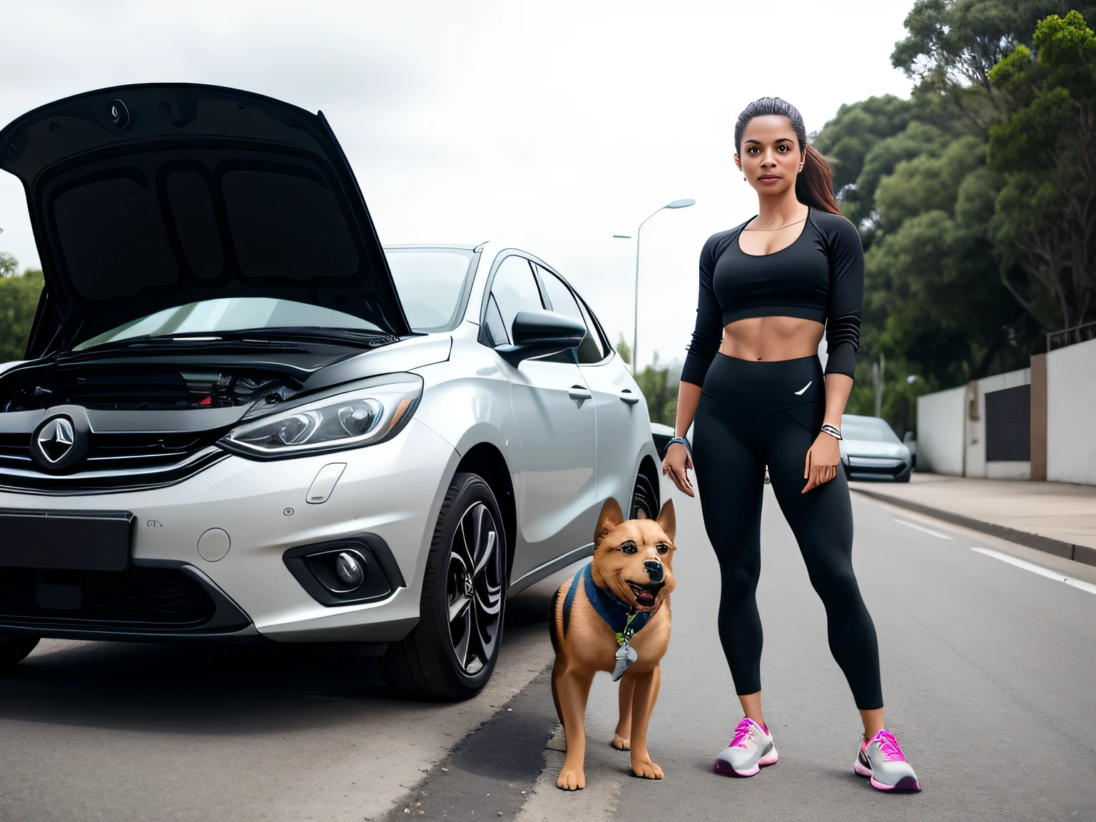 there is a woman standing in front of a car with a dog, sporty, fit pic, fit, pilar, wearing fitness gear, foto realista, sport,   5 year brazilian mother, 