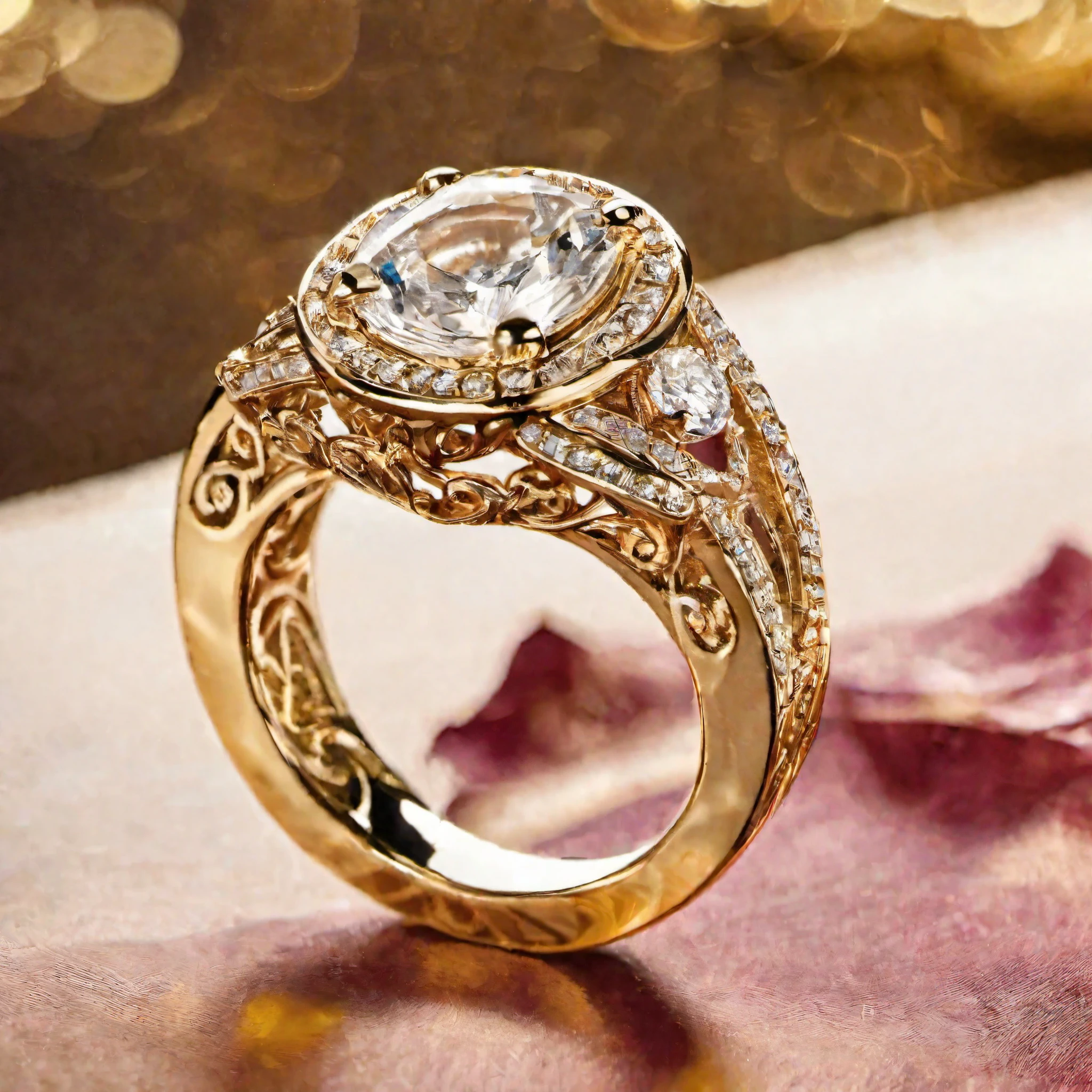 there is a gold ring with a diamond on it on a table, jewelry photography, elden ring style, elden ring inspired, luxurious ornate golden jewelry, detailed jewelry, gold jewerly, gold jewelry, ring flash closeup photograph, ring lit, bvlgari jewelry, ultra detailed 16k, gilded gold and diamonds, gold ornate jewely, gold rings