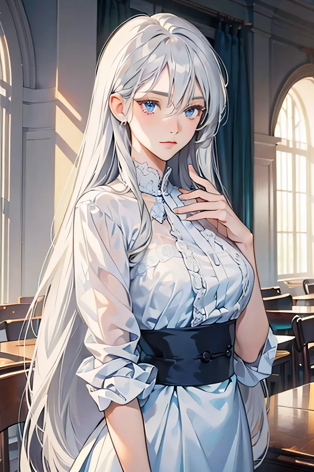 (Masterpiece), ((best quality)), (perfect face), A beautiful girl with long white ash silver hair, beautiful blue eyes, tall, looks like a white jasmine, anime art style, classroom, , beautiful body